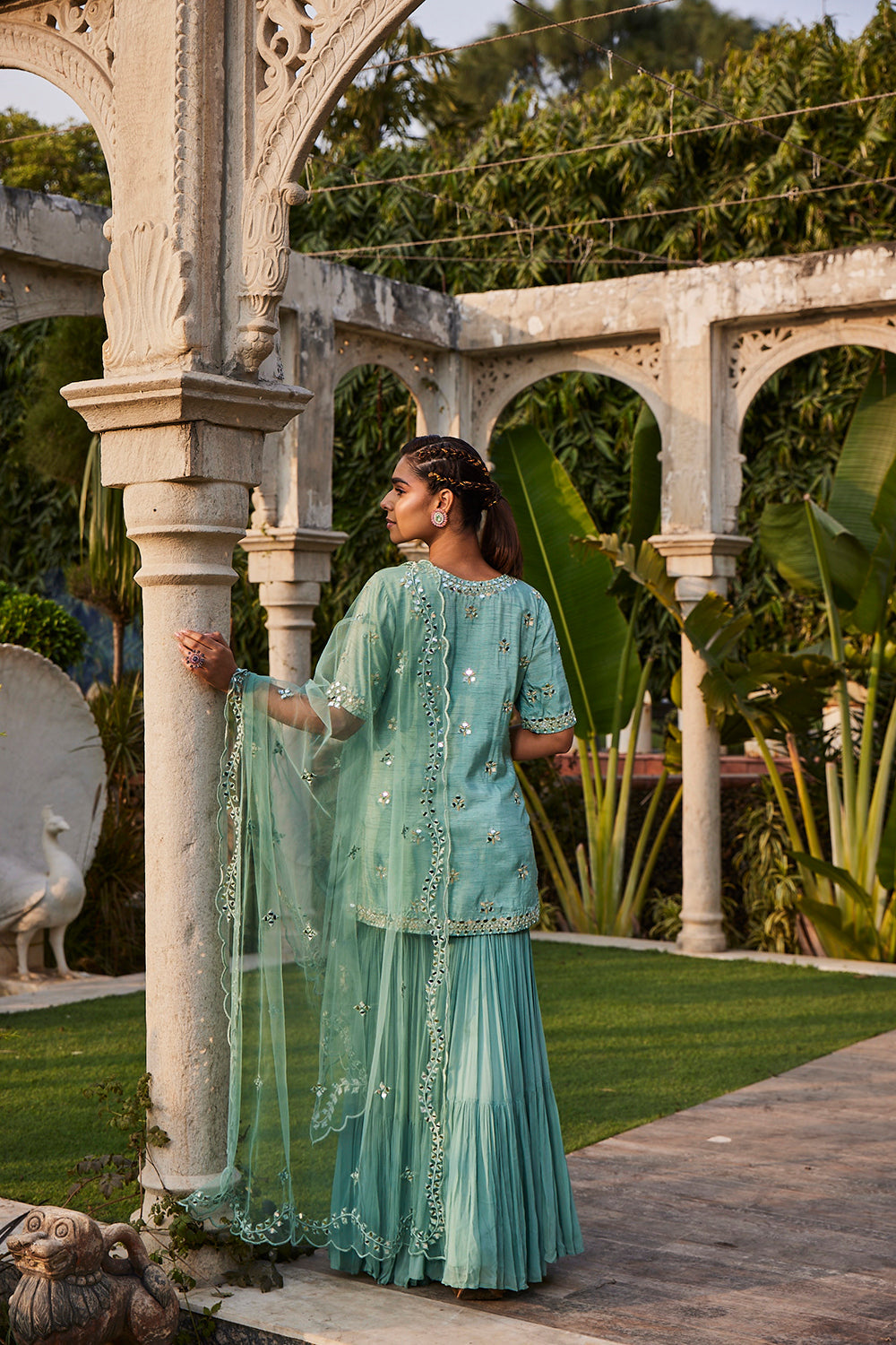 Sea Green Mirror Embroidered Short Kurta, Sharara And Dupatta Set - Auraya Fashion -  - #tag1# - #tag2# - #tag3# - #tag3#