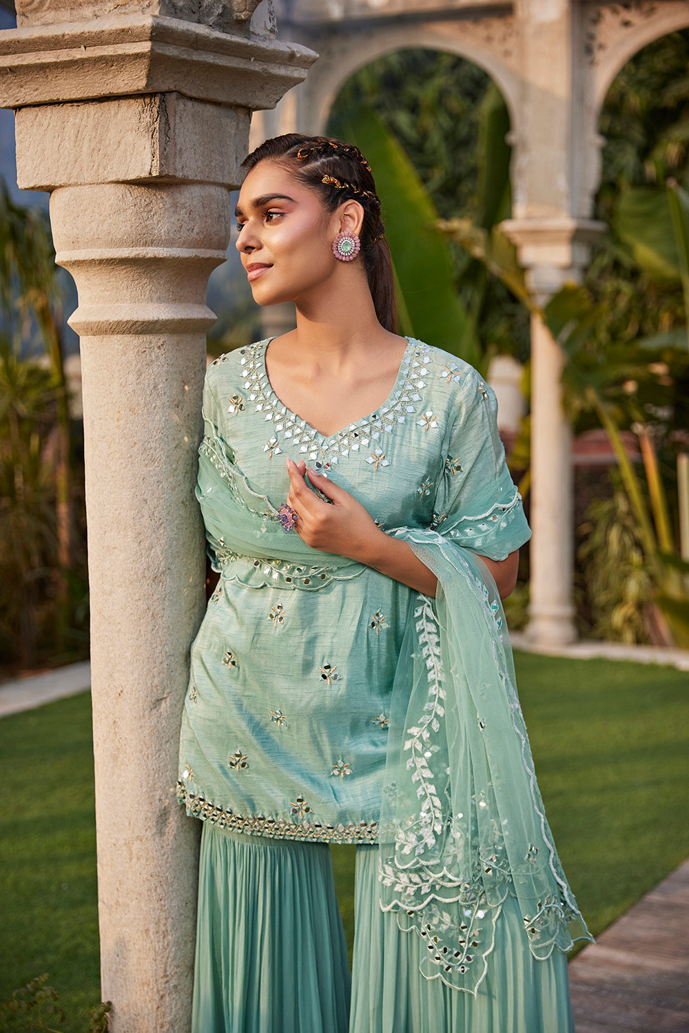 Sea Green Mirror Embroidered Short Kurta, Sharara And Dupatta Set - Auraya Fashion -  - #tag1# - #tag2# - #tag3# - #tag3#