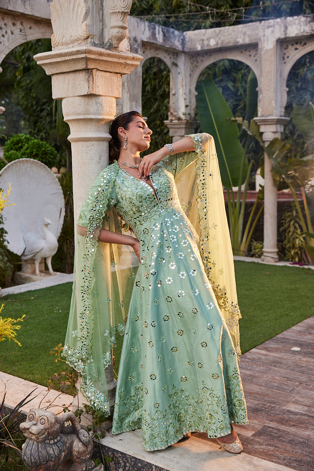 Sea Green Mirror Embroidered Anarkali Set - Auraya Fashion -  - #tag1# - #tag2# - #tag3# - #tag3#