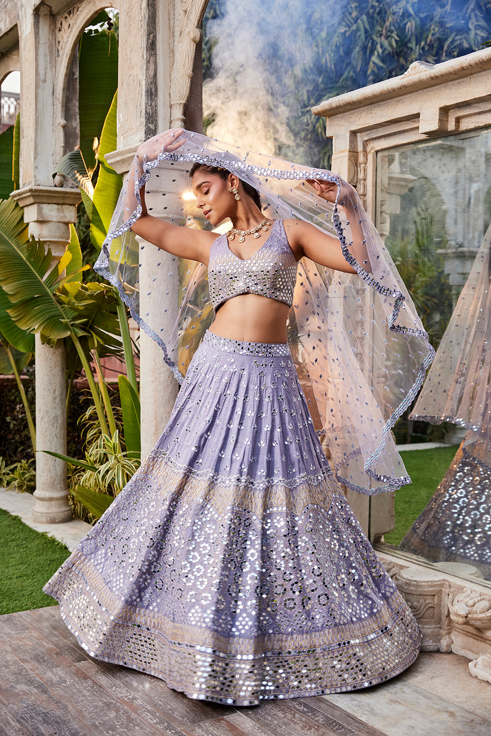 Lilac Mirror Embroidered Choli, Lehenga And Dupatta Set - Auraya Fashion -  - #tag1# - #tag2# - #tag3# - #tag3#