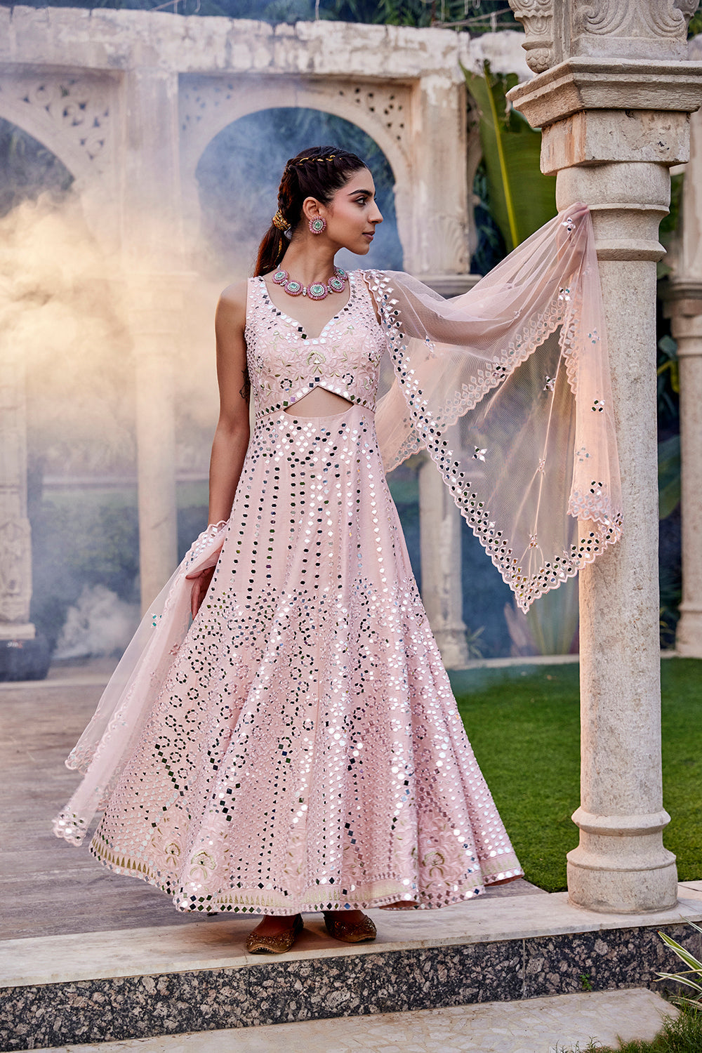 Baby Pink Mirror Embroidered Anarkali Set - Auraya Fashion -  - #tag1# - #tag2# - #tag3# - #tag3#