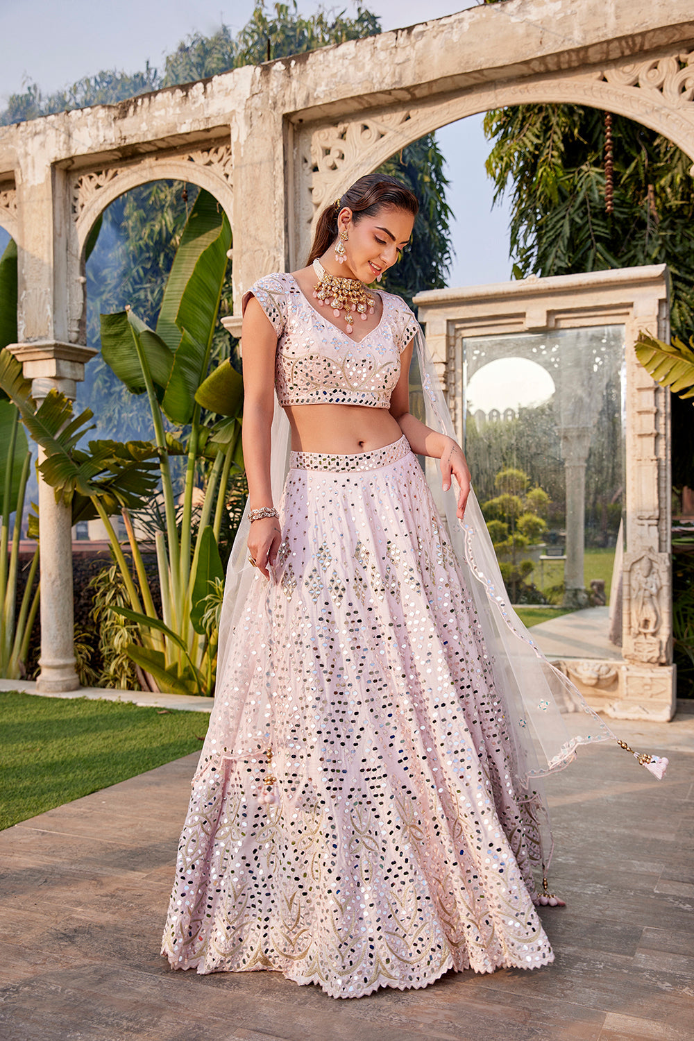 Baby Pink Mirror Embroidered Choli, Lehenga And Dupatta Set - Auraya Fashion - Mehak Murpana - #tag1# - #tag2# - #tag3# - #tag3#