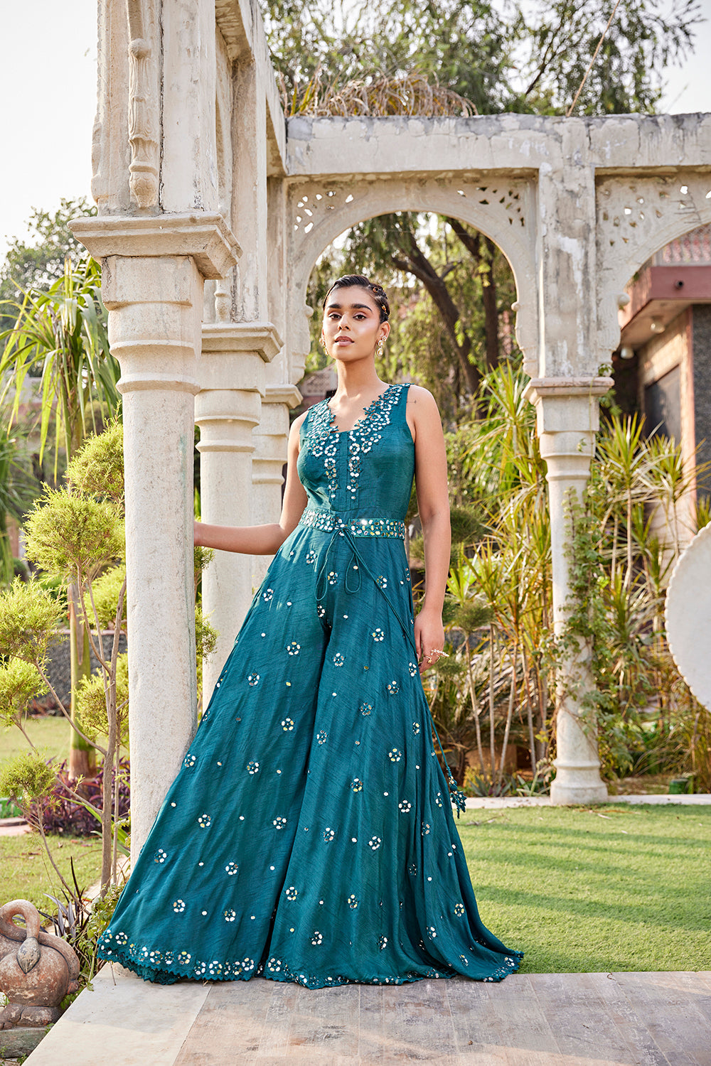 Teal Mirror Embroidered Jumpsuit With Belt - Auraya Fashion - Mehak Murpana - #tag1# - #tag2# - #tag3# - #tag3#