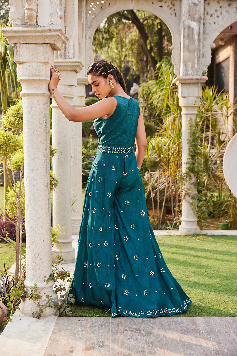 Teal Mirror Embroidered Jumpsuit With Belt - Auraya Fashion -  - #tag1# - #tag2# - #tag3# - #tag3#