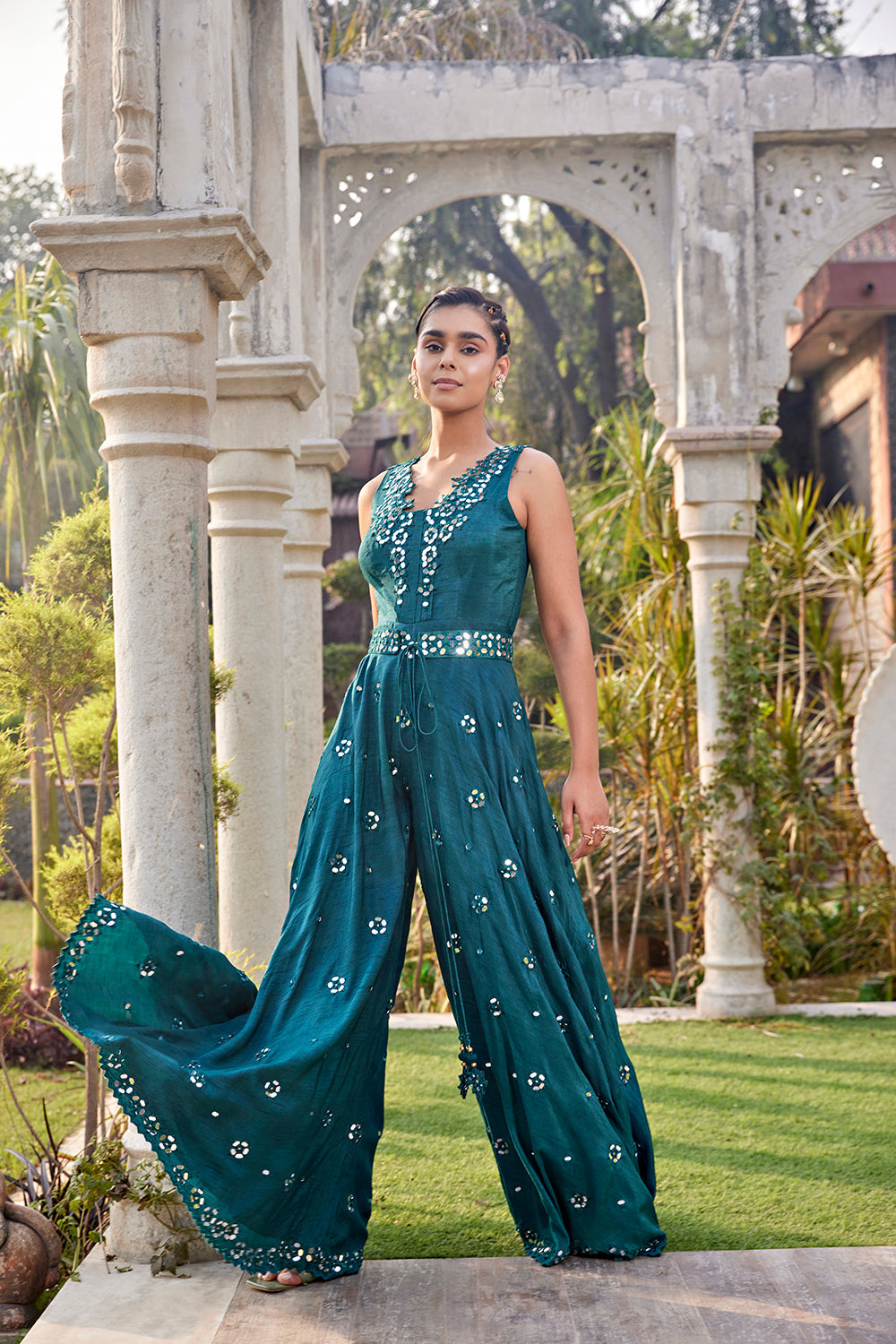 Teal Mirror Embroidered Jumpsuit With Belt - Auraya Fashion -  - #tag1# - #tag2# - #tag3# - #tag3#