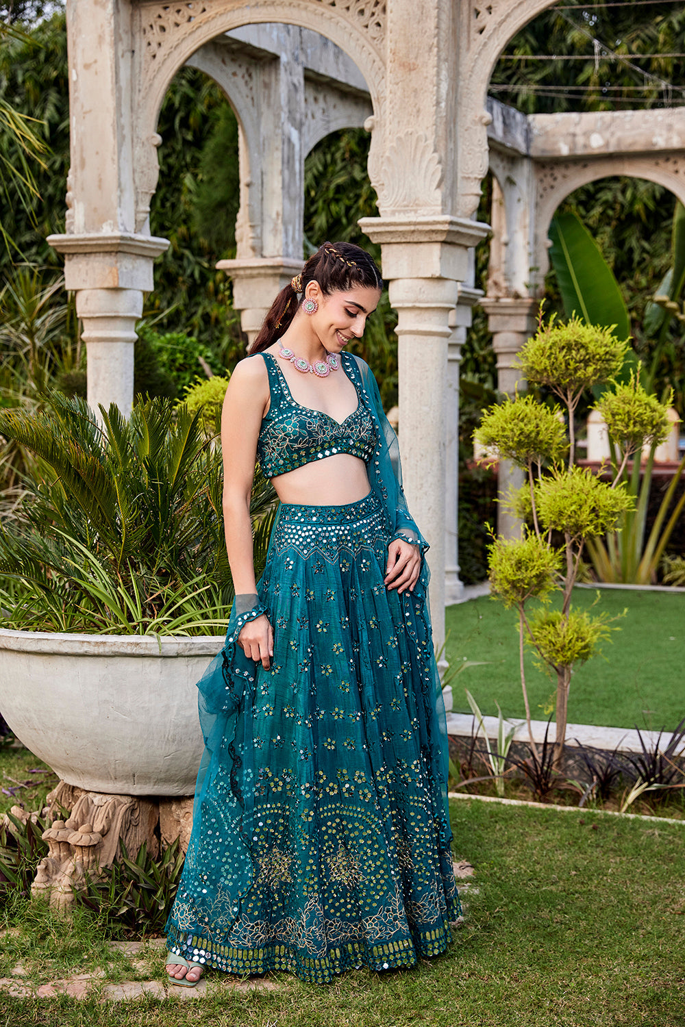 Teal Mirror Embroidered Choli, Lehenga And Dupatta Set - Auraya Fashion - Mehak Murpana - #tag1# - #tag2# - #tag3# - #tag3#