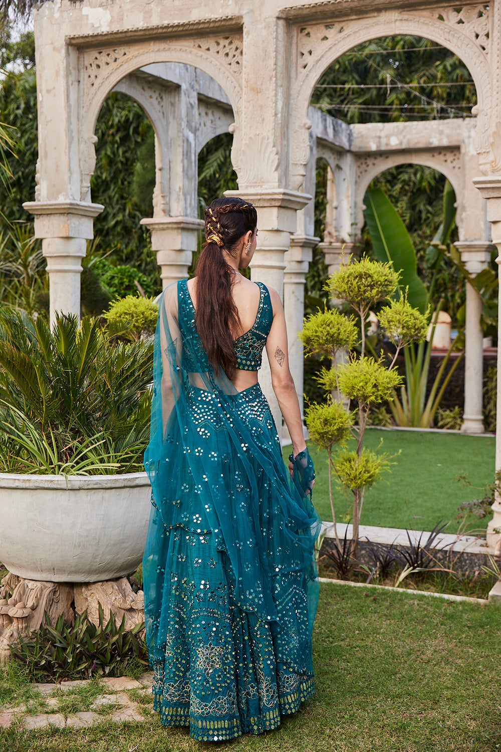 Teal Mirror Embroidered Choli, Lehenga And Dupatta Set - Auraya Fashion -  - #tag1# - #tag2# - #tag3# - #tag3#