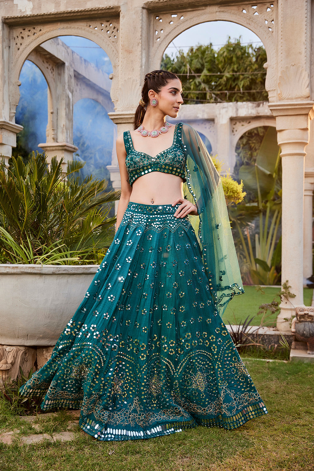 Teal Mirror Embroidered Choli, Lehenga And Dupatta Set - Auraya Fashion -  - #tag1# - #tag2# - #tag3# - #tag3#