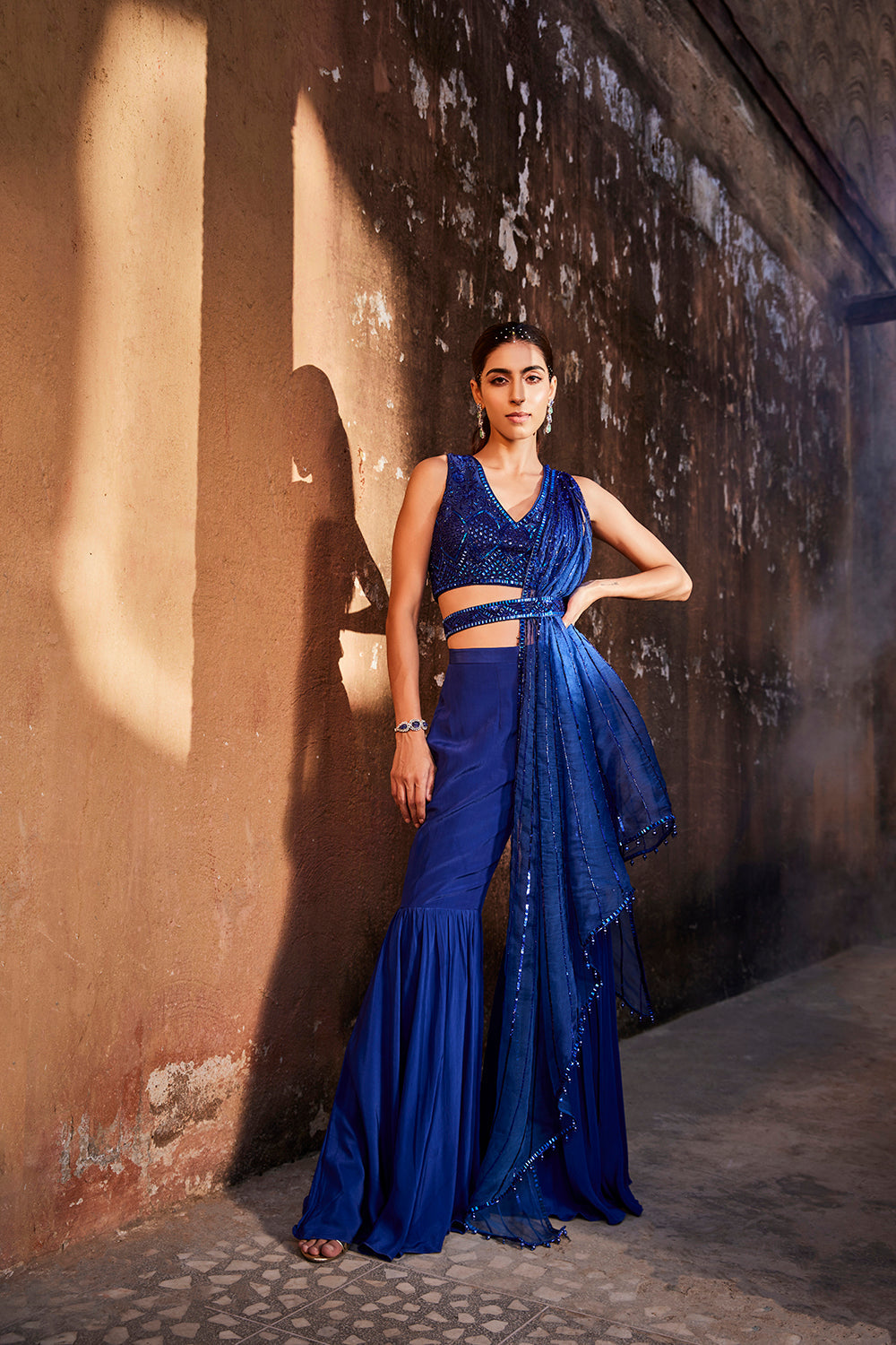 Blue Sharara With Embroidered Choli And Draped Dupatta - Auraya Fashion - Mehak Murpana - #tag1# - #tag2# - #tag3# - #tag3#