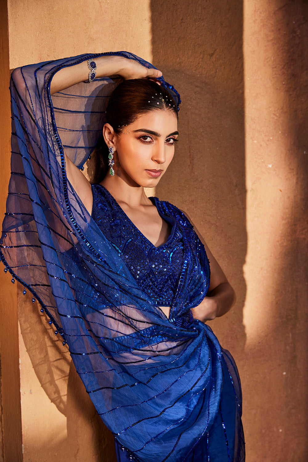 Blue Sharara With Embroidered Choli And Draped Dupatta - Auraya Fashion -  - #tag1# - #tag2# - #tag3# - #tag3#