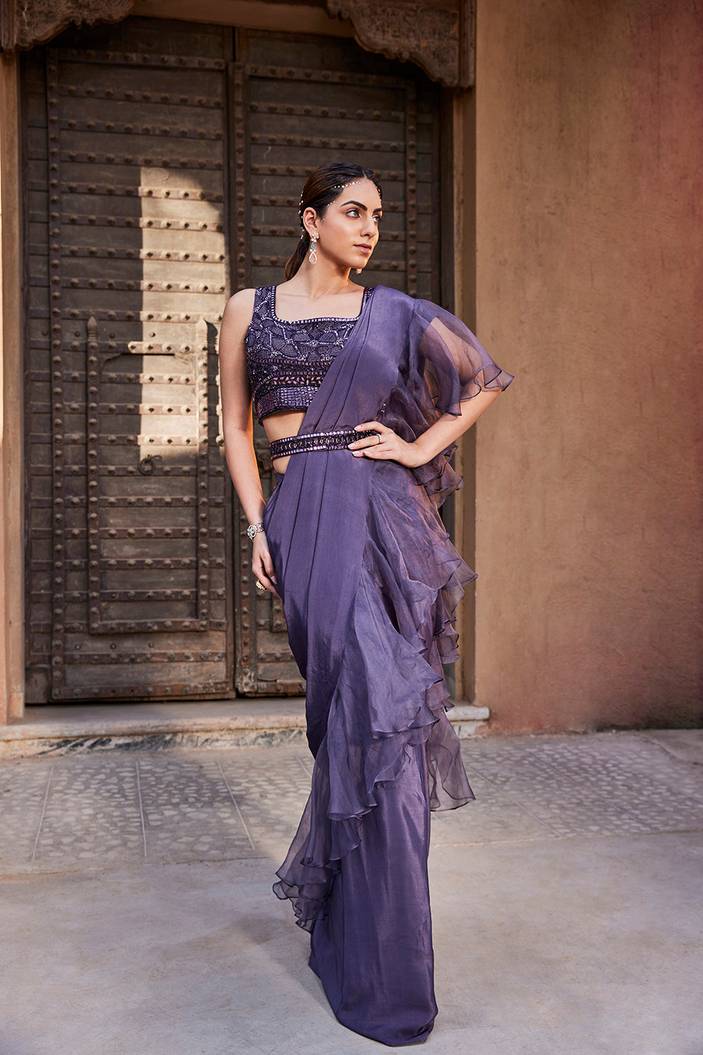 Amethyst Purple Ruffle Sari - Auraya Fashion - Mehak Murpana - #tag1# - #tag2# - #tag3# - #tag3#