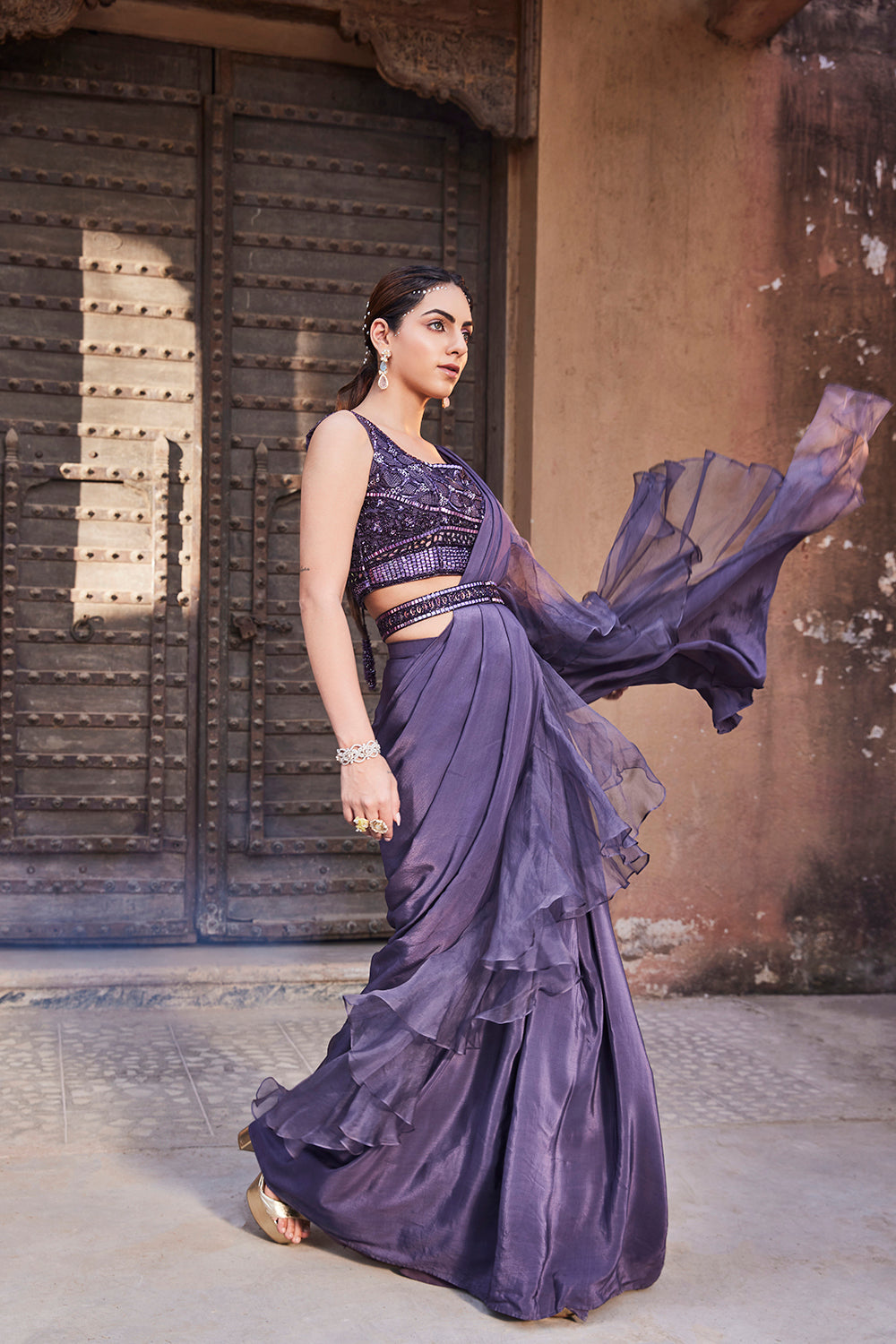 Amethyst Purple Ruffle Sari - Auraya Fashion -  - #tag1# - #tag2# - #tag3# - #tag3#