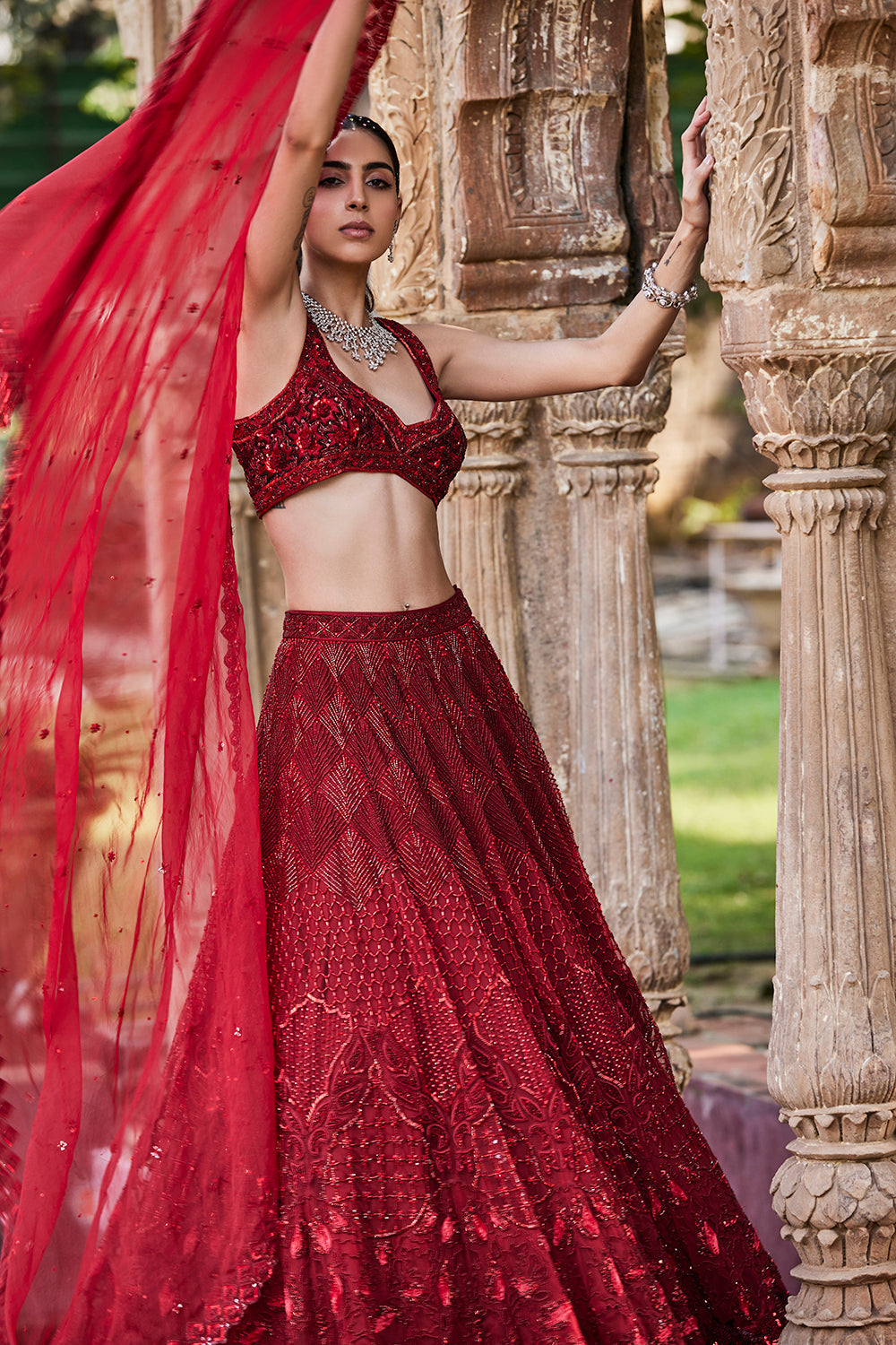 Red Embroidered Lehenga Set - Auraya Fashion -  - #tag1# - #tag2# - #tag3# - #tag3#