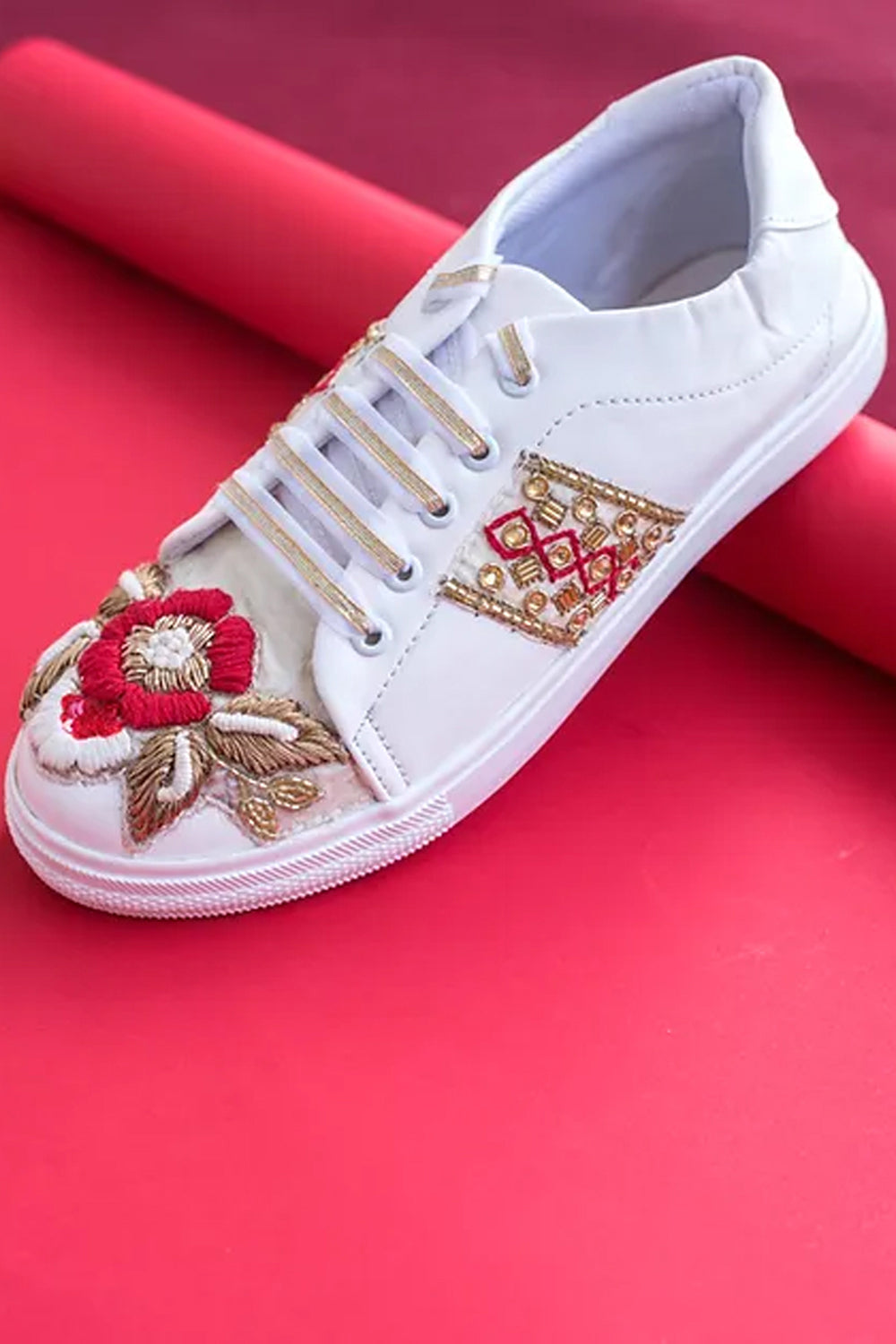 Rose Embroidered Red And White Sneakers - Auraya Fashion -  - #tag1# - #tag2# - #tag3# - #tag3#