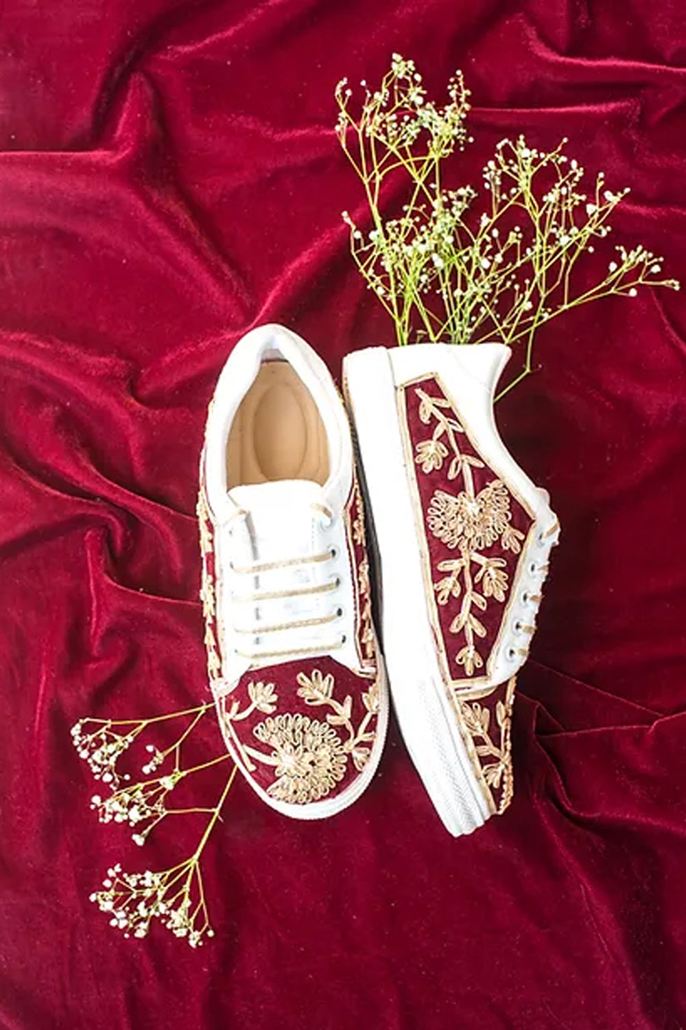 Red Velvet With Gota Embroidery Sneakers - Auraya Fashion -  - #tag1# - #tag2# - #tag3# - #tag3#