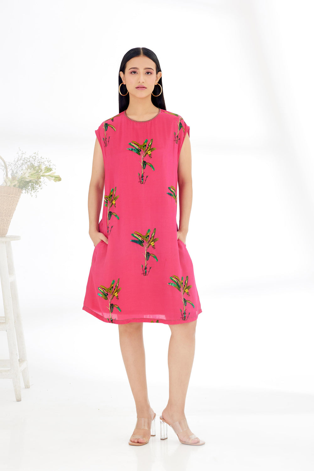 Fuchsia Pink Hand Painted Banana Tree Print Shift Dress - Auraya Fashion - Nikasha - #tag1# - #tag2# - #tag3# - #tag3#