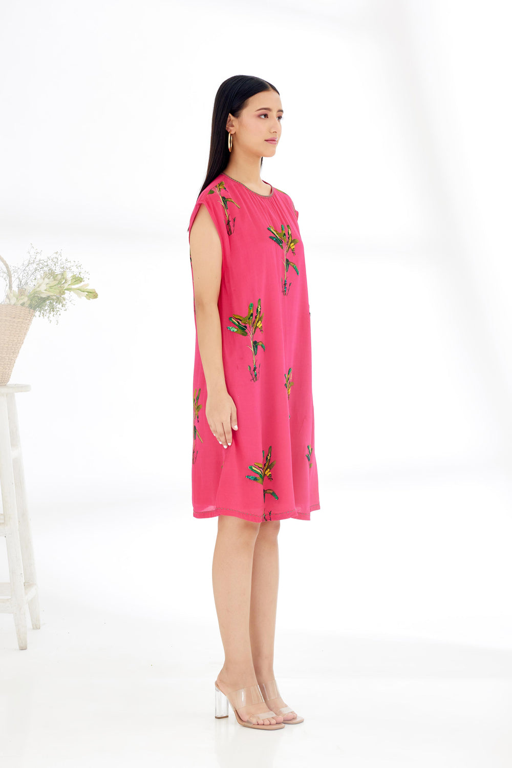 Fuchsia Pink Hand Painted Banana Tree Print Shift Dress - Auraya Fashion -  - #tag1# - #tag2# - #tag3# - #tag3#