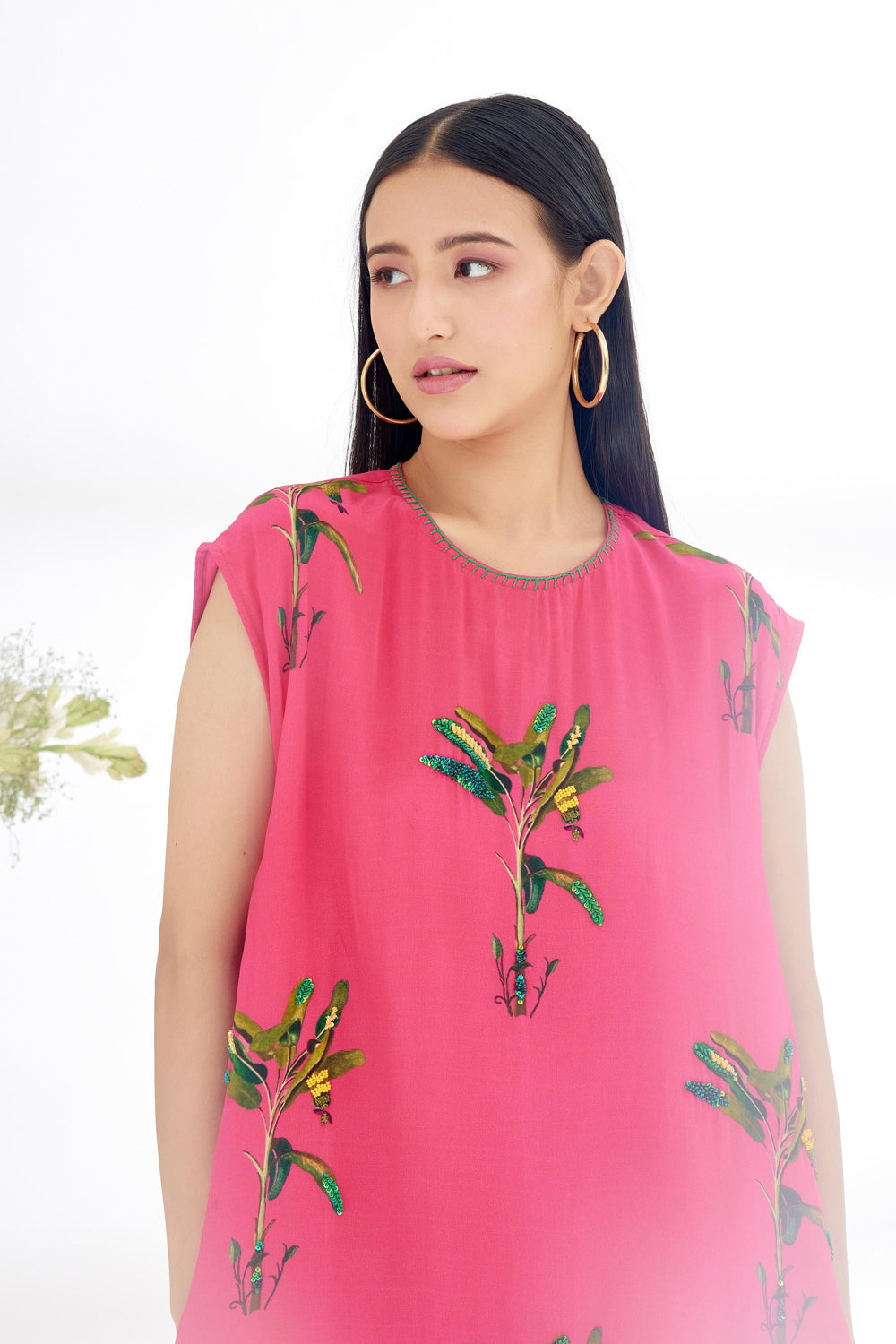 Fuchsia Pink Hand Painted Banana Tree Print Shift Dress - Auraya Fashion -  - #tag1# - #tag2# - #tag3# - #tag3#