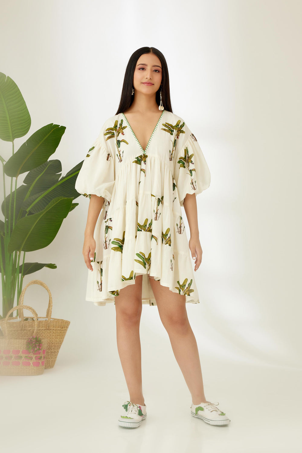 Off-White Hand Painted Banana Tree Print Tier Short Dress - Auraya Fashion - Nikasha - #tag1# - #tag2# - #tag3# - #tag3#