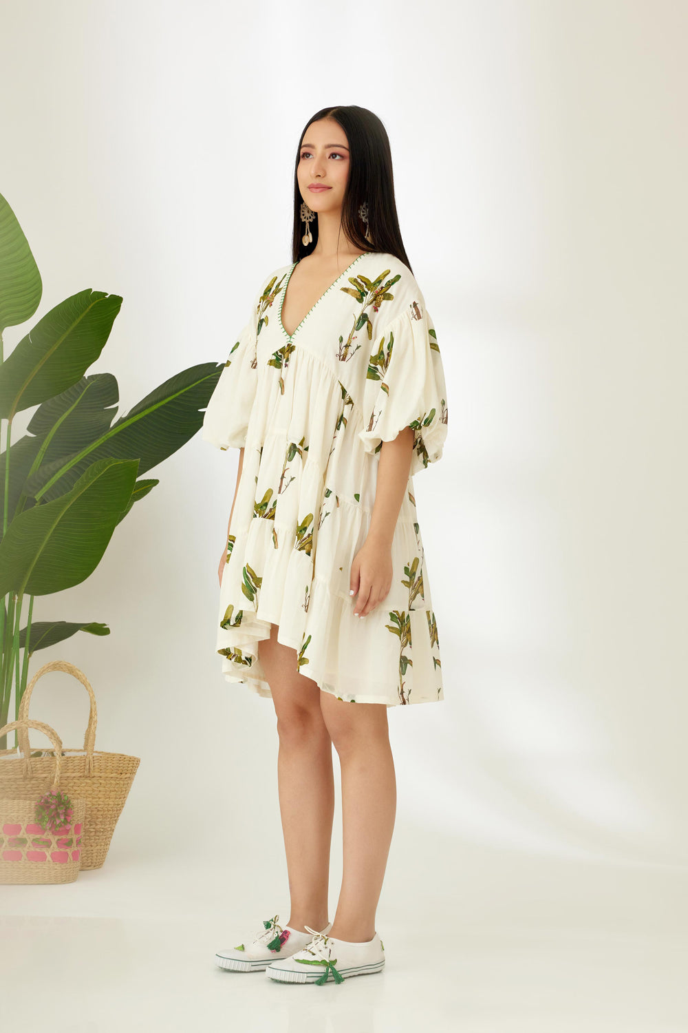 Off-White Hand Painted Banana Tree Print Tier Short Dress - Auraya Fashion -  - #tag1# - #tag2# - #tag3# - #tag3#