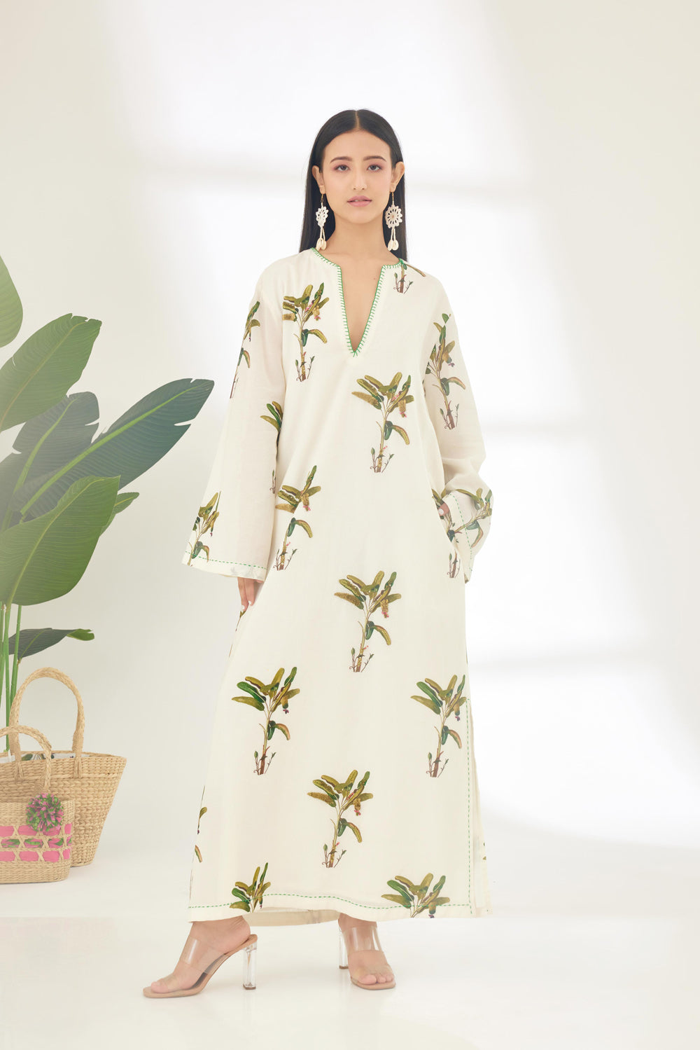 Off-White Hand Painted Banana Tree Print Kaftan Dress - Auraya Fashion - Nikasha - #tag1# - #tag2# - #tag3# - #tag3#