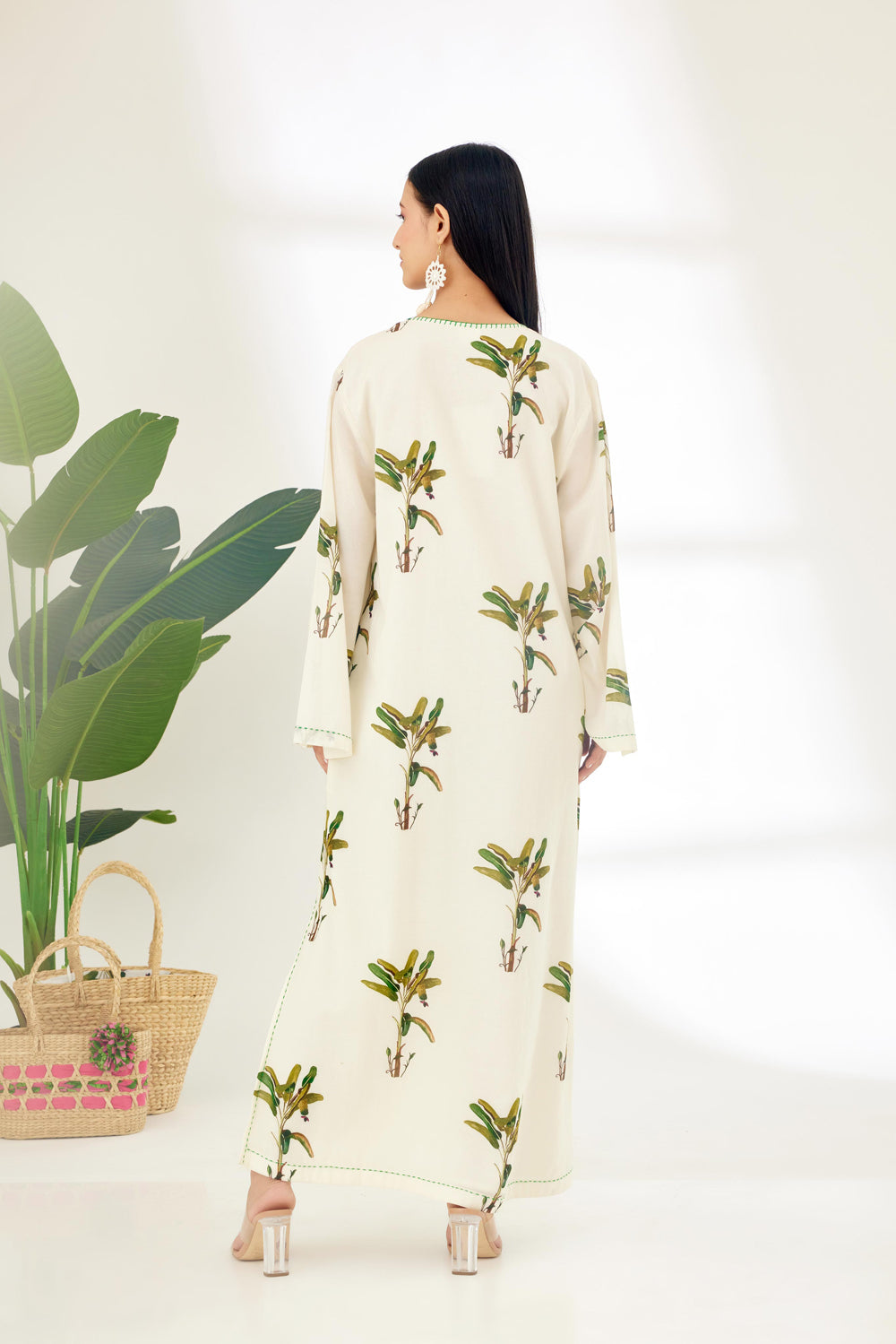 Off-White Hand Painted Banana Tree Print Kaftan Dress - Auraya Fashion -  - #tag1# - #tag2# - #tag3# - #tag3#