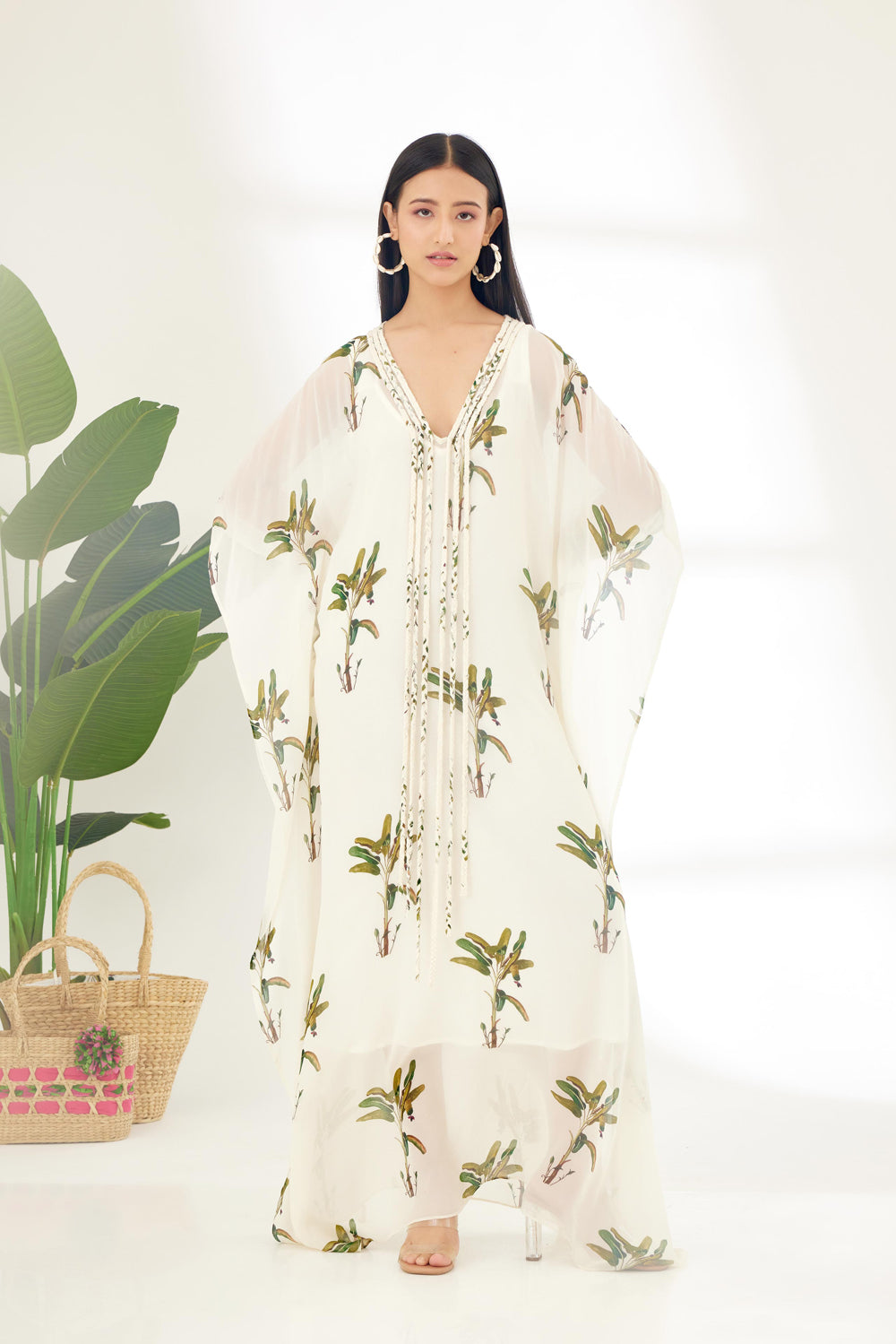 Off-White Hand Painted Banana Tree Print Kaftan Dress - Auraya Fashion - Nikasha - #tag1# - #tag2# - #tag3# - #tag3#