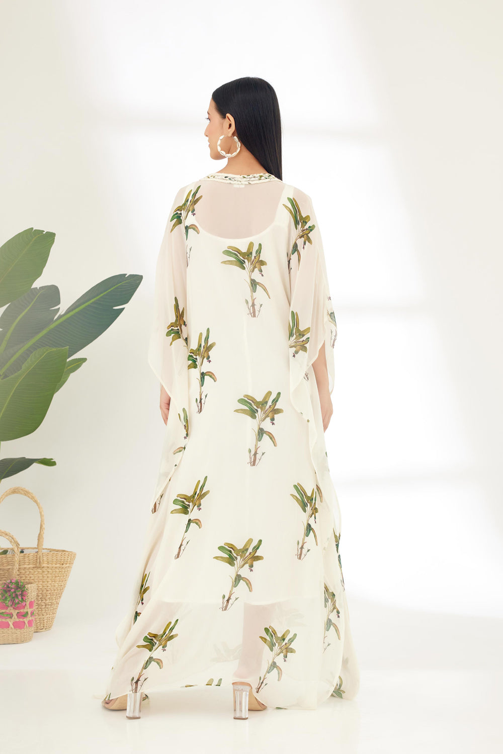 Off-White Hand Painted Banana Tree Print Kaftan Dress - Auraya Fashion -  - #tag1# - #tag2# - #tag3# - #tag3#