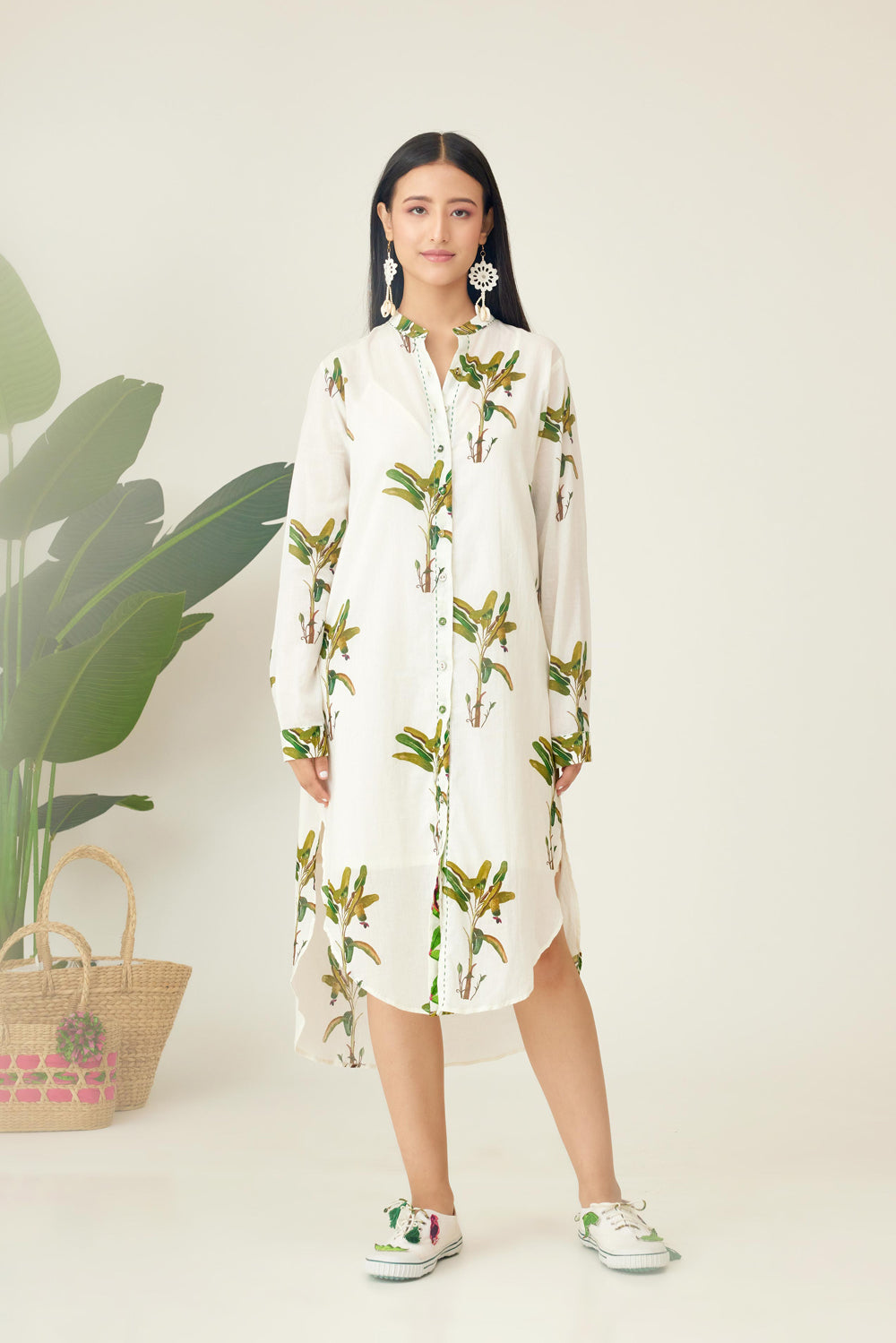 Off-White Hand Painted Banana Tree Print Shirt Dress - Auraya Fashion - Nikasha - #tag1# - #tag2# - #tag3# - #tag3#