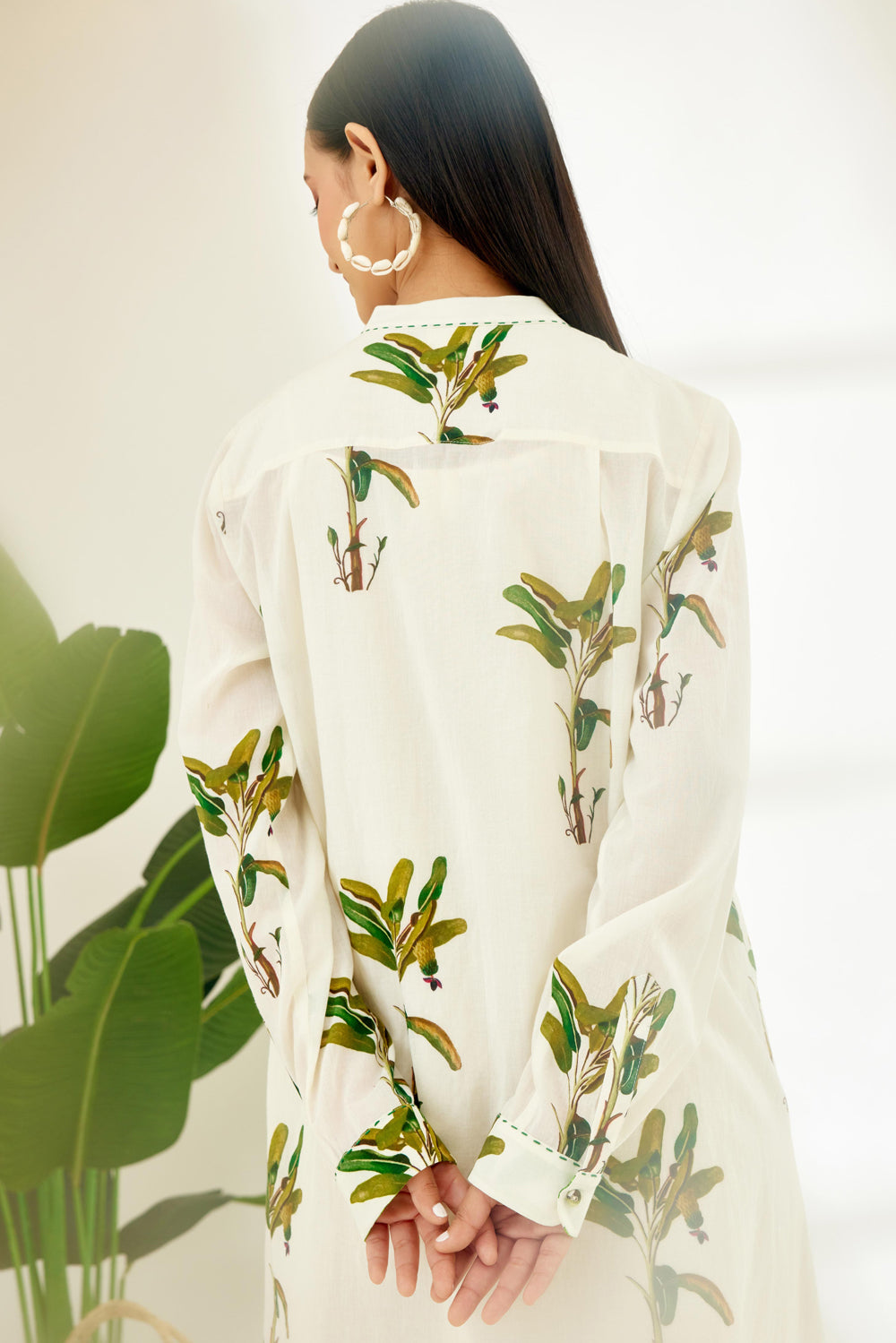 Off-White Hand Painted Banana Tree Print Shirt Dress - Auraya Fashion -  - #tag1# - #tag2# - #tag3# - #tag3#