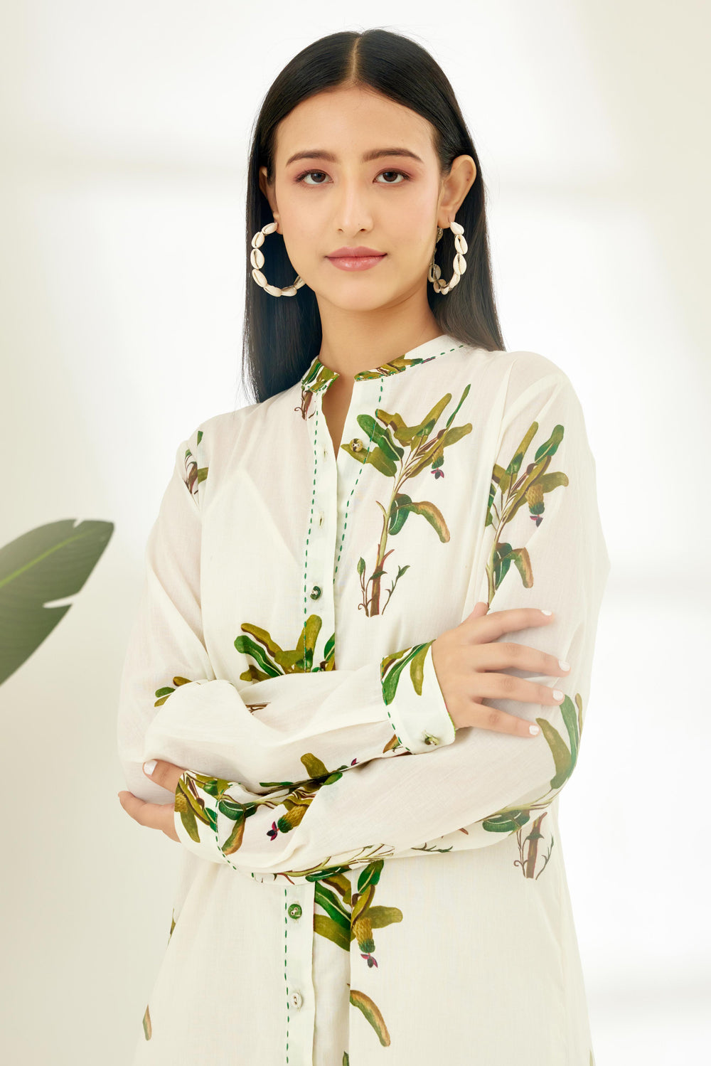 Off-White Hand Painted Banana Tree Print Shirt Dress - Auraya Fashion -  - #tag1# - #tag2# - #tag3# - #tag3#