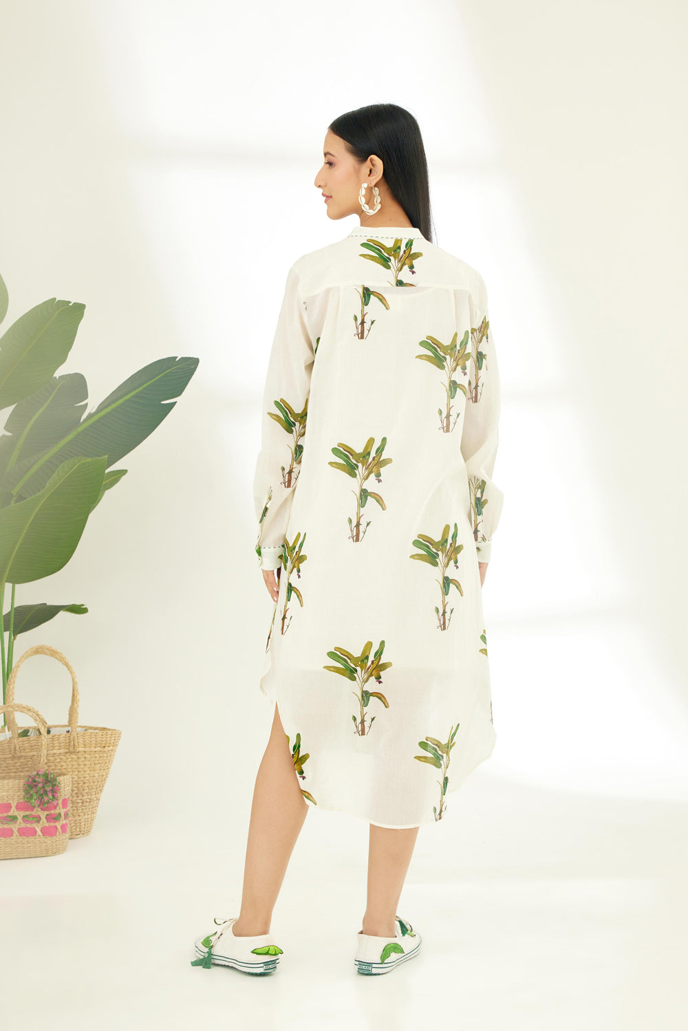 Off-White Hand Painted Banana Tree Print Shirt Dress - Auraya Fashion -  - #tag1# - #tag2# - #tag3# - #tag3#