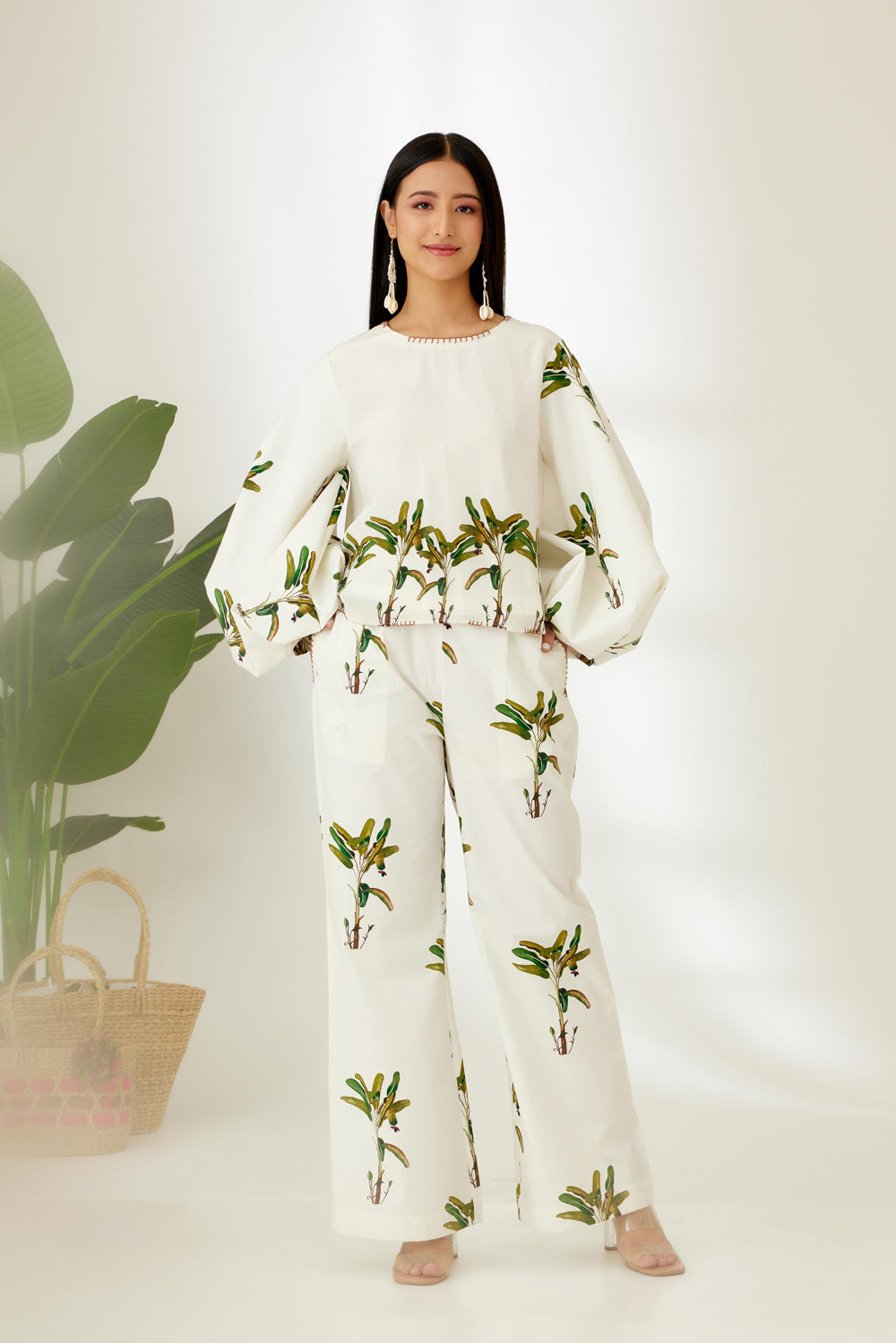 Off-White Hand Painted Banana Tree Print Bubble Sleeve Top - Auraya Fashion - Nikasha - #tag1# - #tag2# - #tag3# - #tag3#