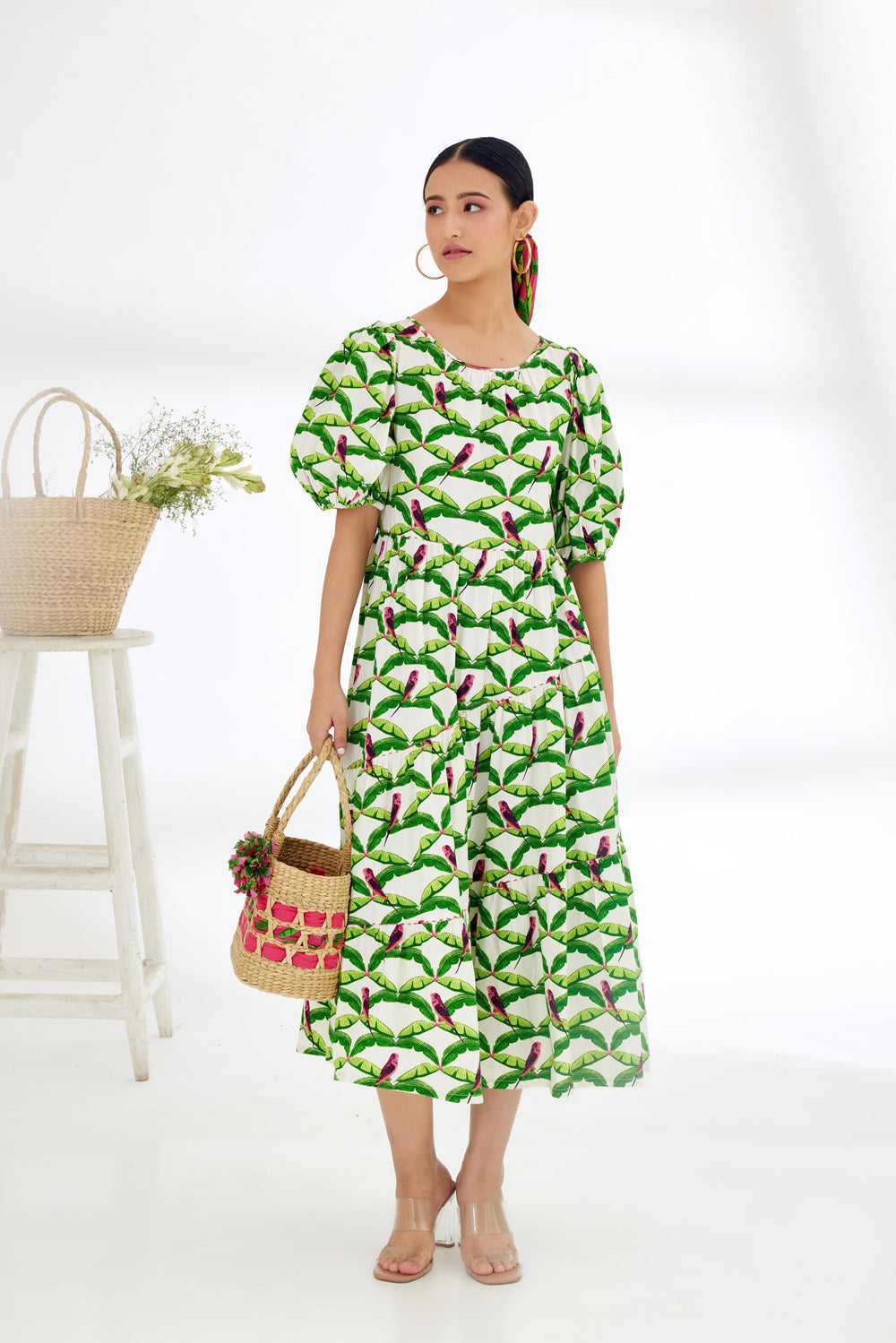 Off-White Hand Painted Parakeet Print Bubble Sleeve Tier Dress - Auraya Fashion - Nikasha - #tag1# - #tag2# - #tag3# - #tag3#