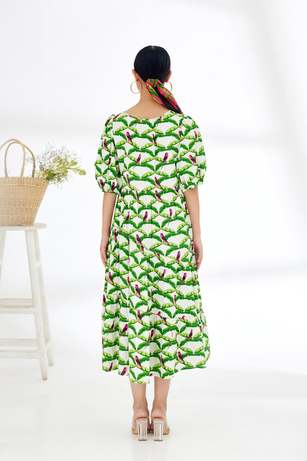 Off-White Hand Painted Parakeet Print Bubble Sleeve Tier Dress - Auraya Fashion -  - #tag1# - #tag2# - #tag3# - #tag3#