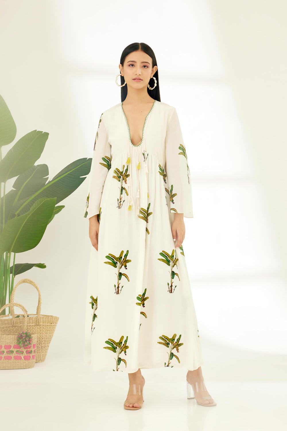 Off-White Hand Painted Banana Tree Print Dress - Auraya Fashion - Nikasha - #tag1# - #tag2# - #tag3# - #tag3#