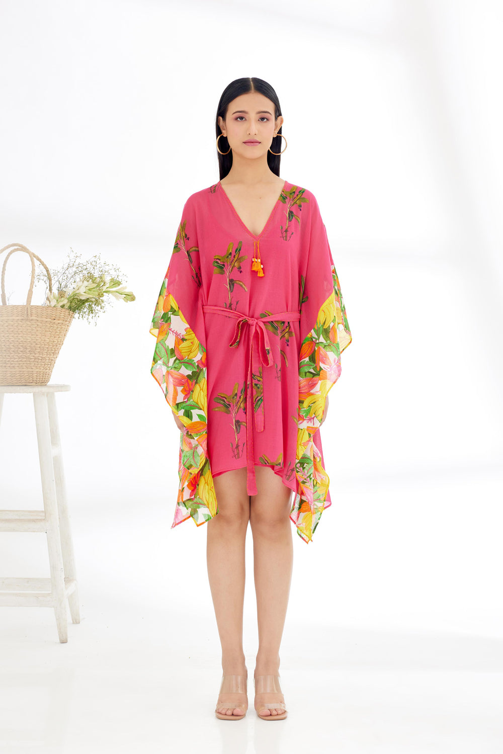 Fuchsia Pink Hand Painted Tree Banana Fruit Print Border Kaftan Dress - Auraya Fashion - Nikasha - #tag1# - #tag2# - #tag3# - #tag3#