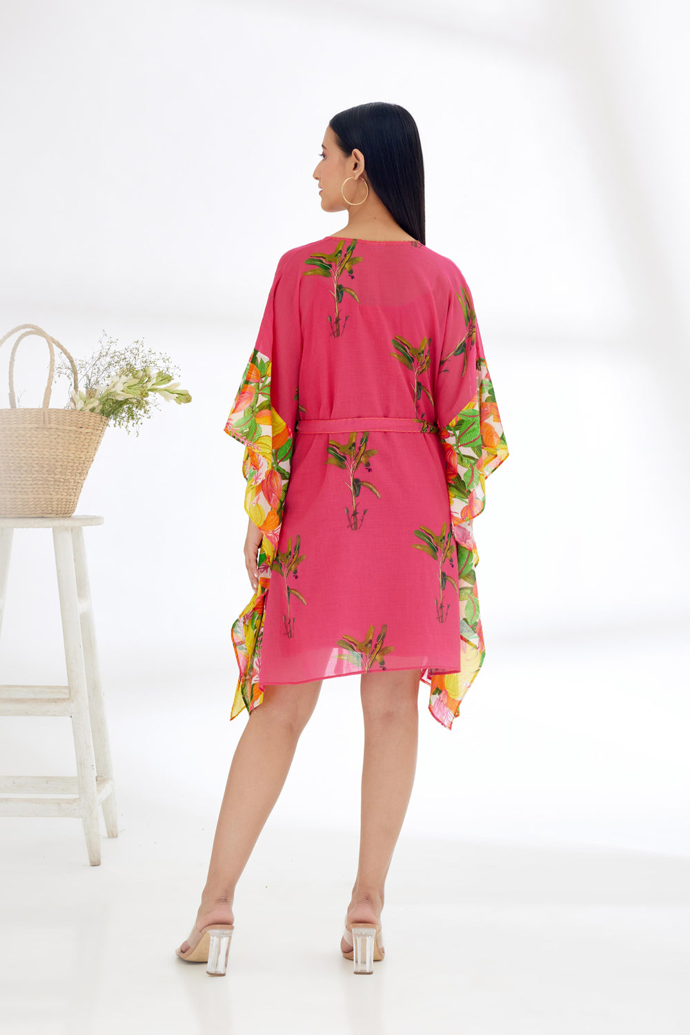 Fuchsia Pink Hand Painted Tree Banana Fruit Print Border Kaftan Dress - Auraya Fashion -  - #tag1# - #tag2# - #tag3# - #tag3#