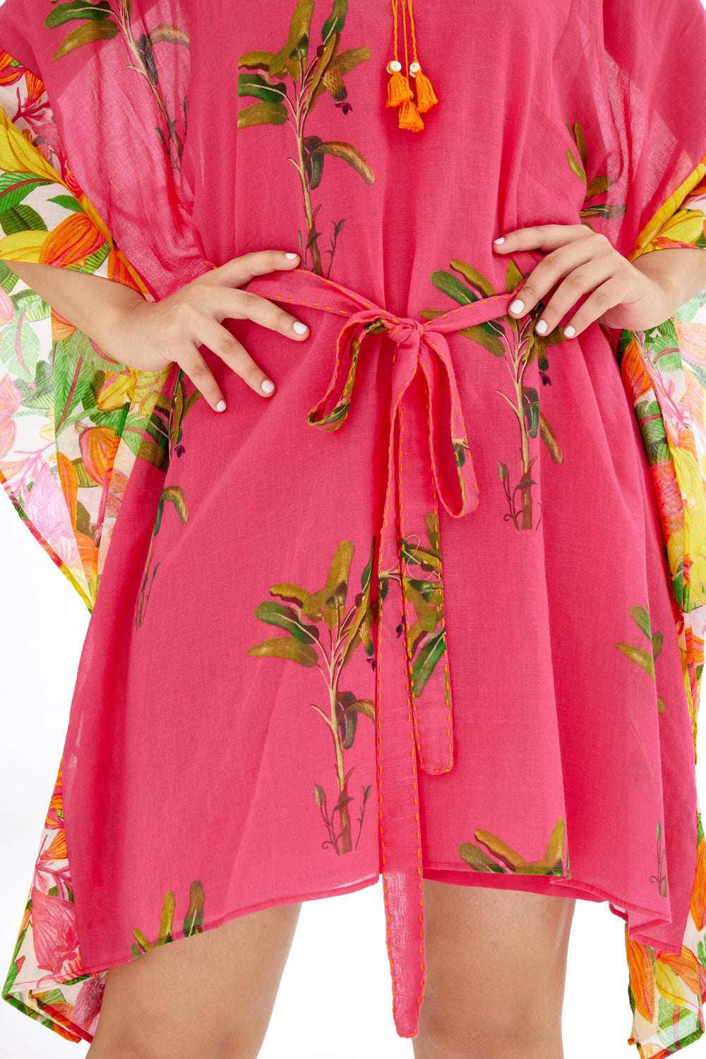 Fuchsia Pink Hand Painted Tree Banana Fruit Print Border Kaftan Dress - Auraya Fashion -  - #tag1# - #tag2# - #tag3# - #tag3#