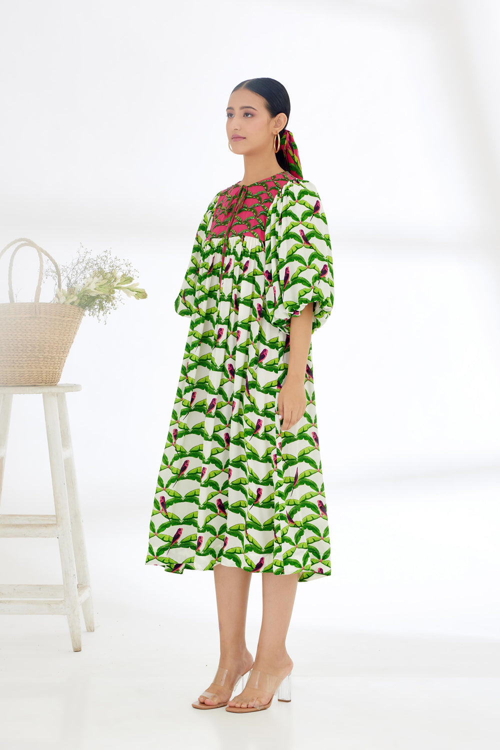 Off-White Hand Painted Parakeet Print Dress - Auraya Fashion -  - #tag1# - #tag2# - #tag3# - #tag3#