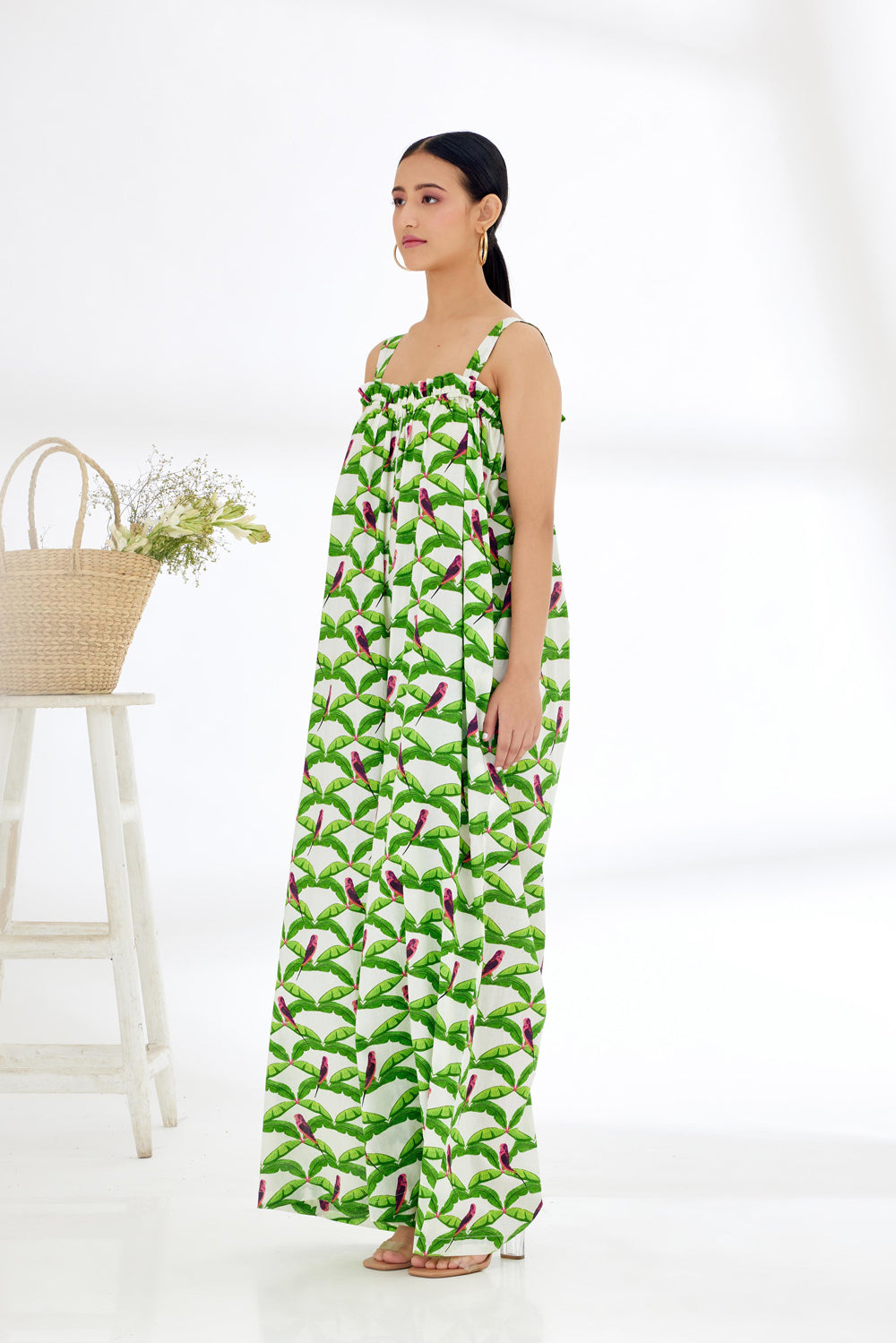 Off-White Hand Painted Parakeet Print Jumpsuit - Auraya Fashion -  - #tag1# - #tag2# - #tag3# - #tag3#