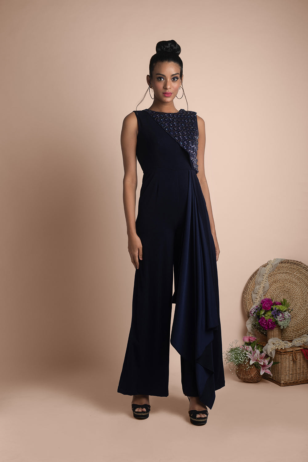 Blue Draped Jumpsuit - Auraya Fashion - Mehak Murpana - #tag1# - #tag2# - #tag3# - #tag3#