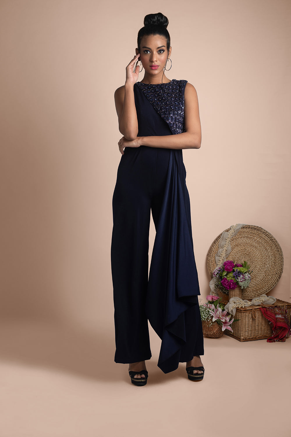 Blue Draped Jumpsuit - Auraya Fashion -  - #tag1# - #tag2# - #tag3# - #tag3#