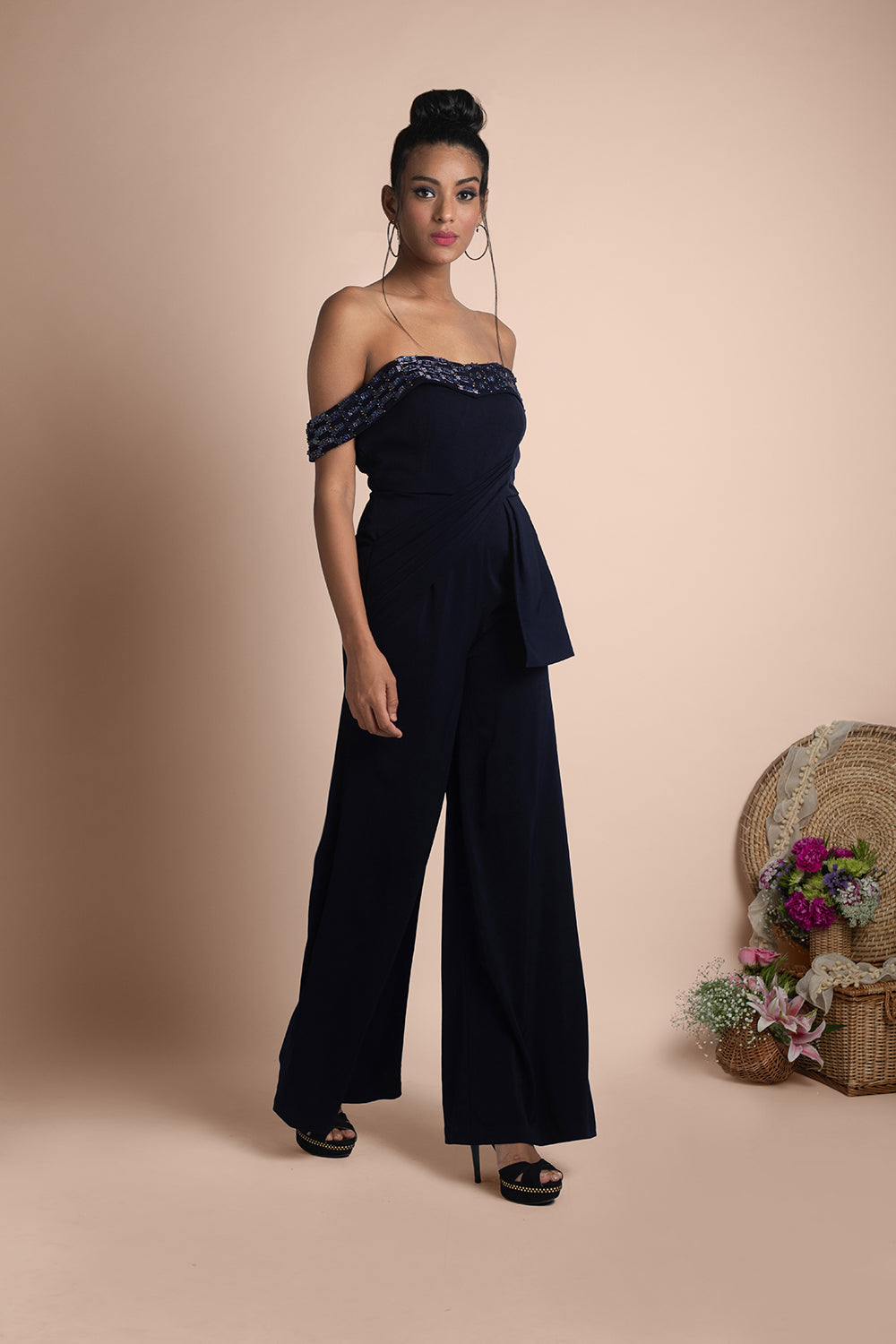 Blue Draped Jumpsuit - Auraya Fashion -  - #tag1# - #tag2# - #tag3# - #tag3#