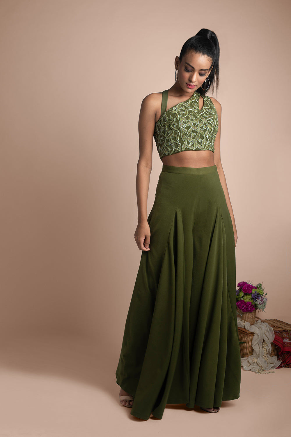 Green Draped Pants And Crop Top Set - Auraya Fashion - Mehak Murpana - #tag1# - #tag2# - #tag3# - #tag3#