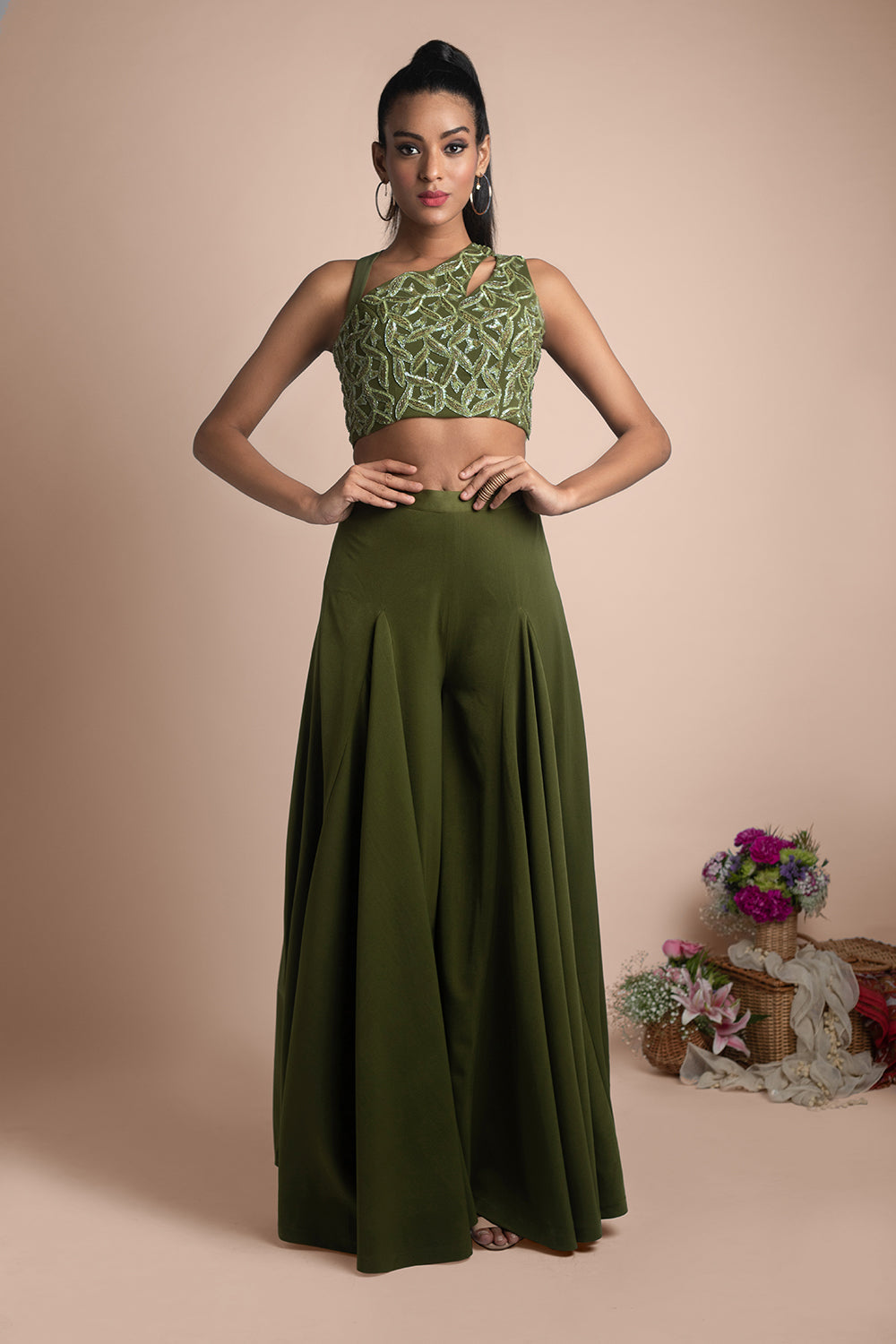 Green Draped Pants And Crop Top Set - Auraya Fashion -  - #tag1# - #tag2# - #tag3# - #tag3#