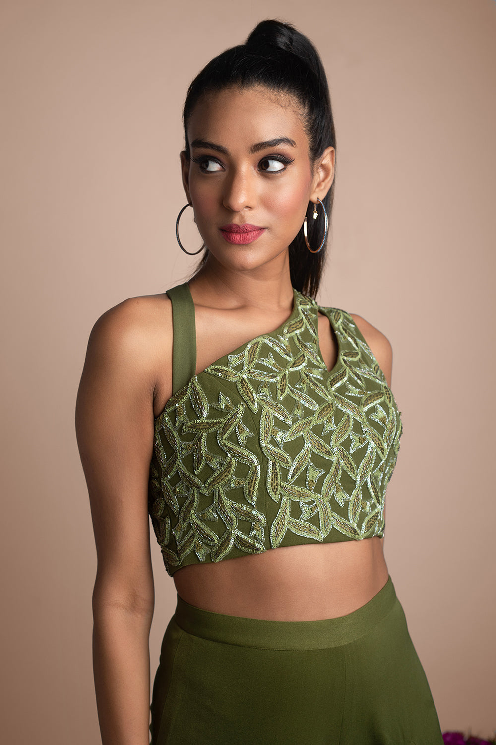 Green Draped Pants And Crop Top Set - Auraya Fashion -  - #tag1# - #tag2# - #tag3# - #tag3#