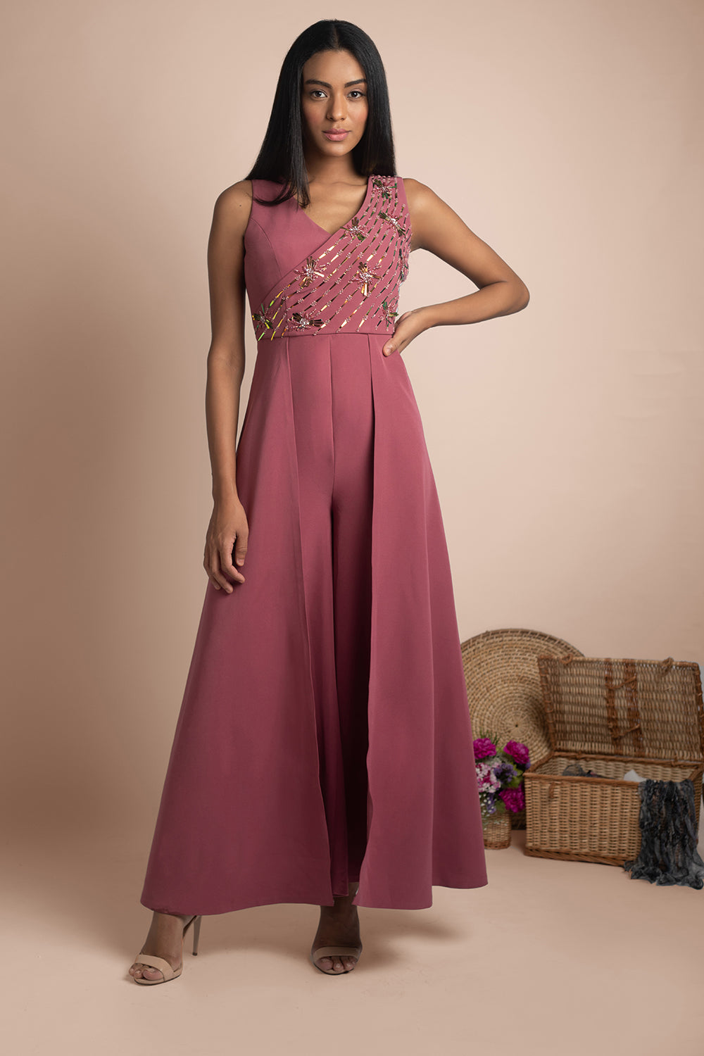 Rose Pink Jumpsuit Gown - Auraya Fashion -  - #tag1# - #tag2# - #tag3# - #tag3#