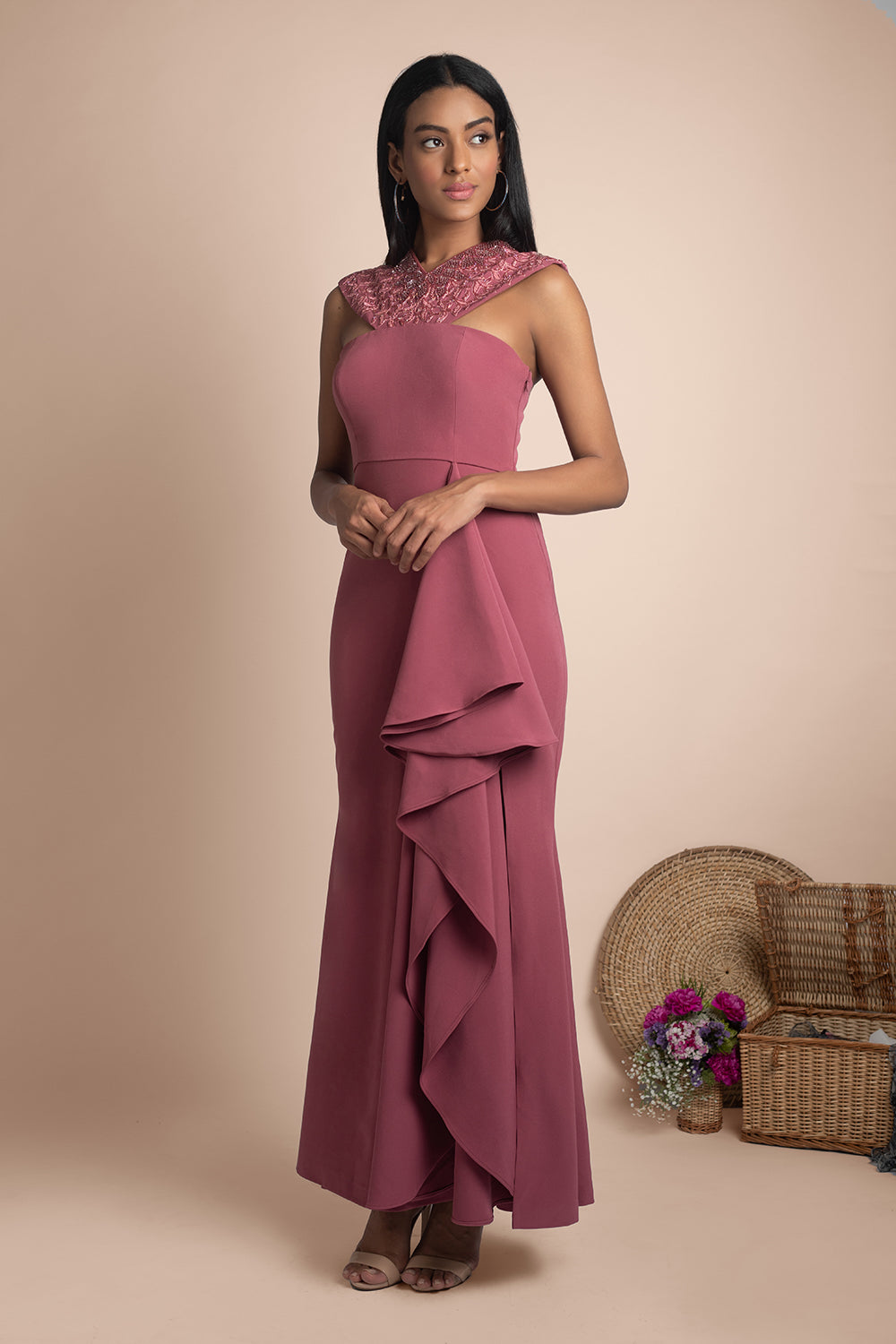 Rose Pink Draped Gown - Auraya Fashion - Mehak Murpana - #tag1# - #tag2# - #tag3# - #tag3#