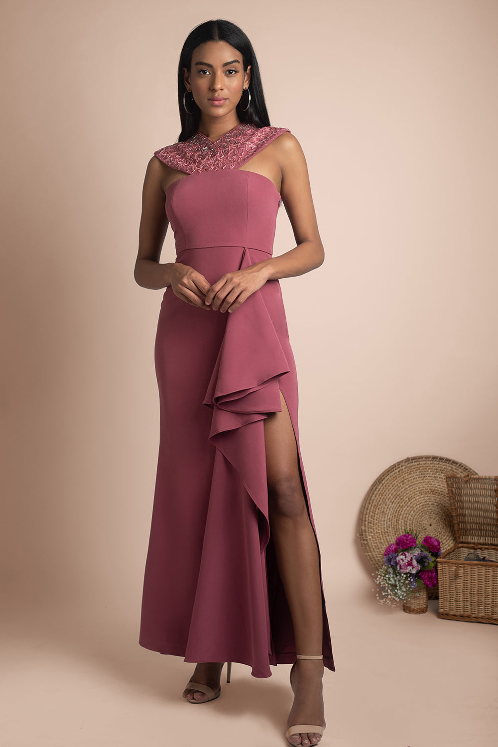 Rose Pink Draped Gown - Auraya Fashion -  - #tag1# - #tag2# - #tag3# - #tag3#